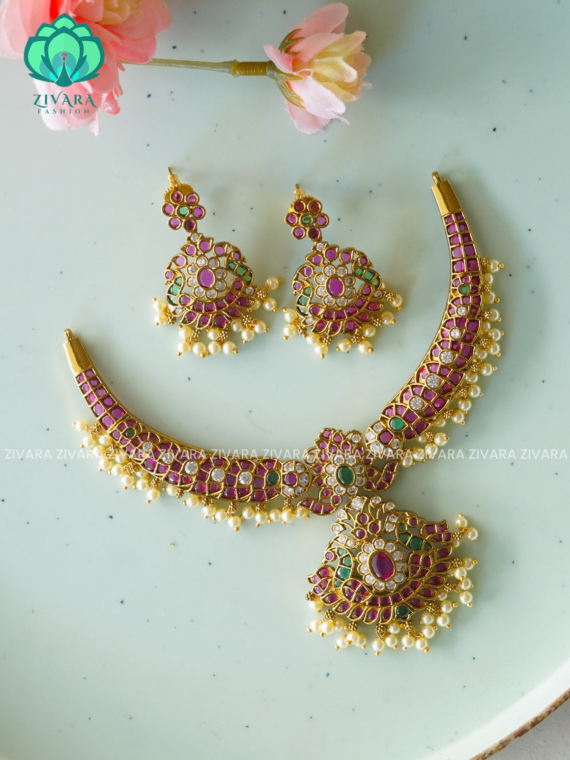 REAL KEMP HASLI -Traditional south indian premium neckwear with earrings- Zivara Fashion- latest jewellery design