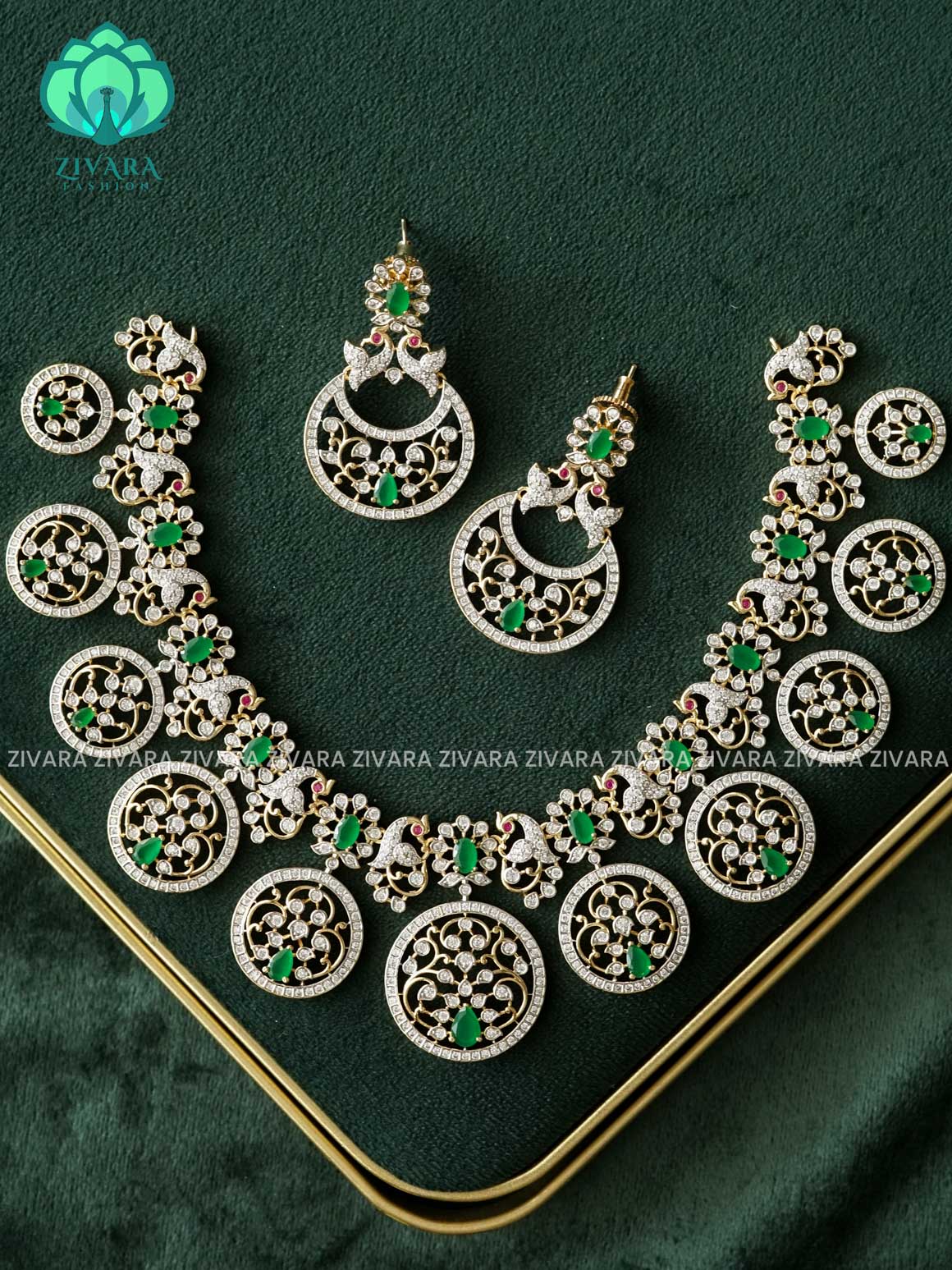 WHITE AND GREEN STONE FLORAL  - AD MICROGOLD POLISH WITH EARRING - Zivara Fashion- latest jewellery design