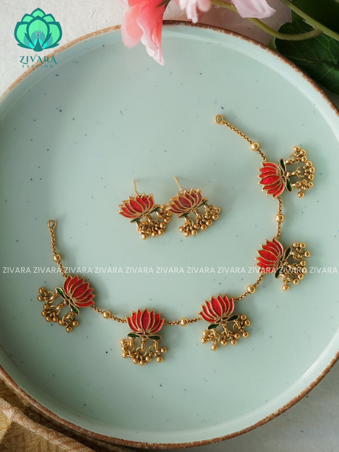 MANJU WARRIER  inspired Trending NORMAL MATTE lotus enamel neckwear with earrings- Zivara Fashion- latest jewellery design