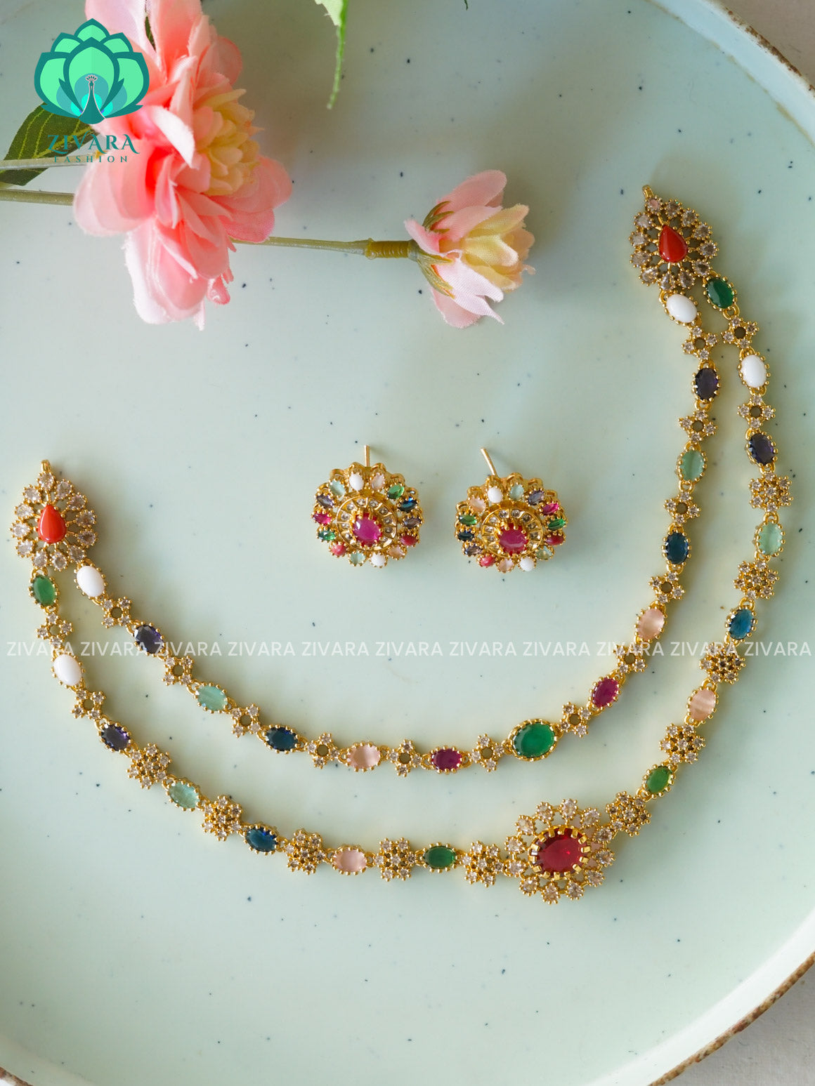 Navaratna - TWO STEP/ LAYER FLOWER -Traditional south indian premium neckwear with earrings- Zivara Fashion- latest jewellery design