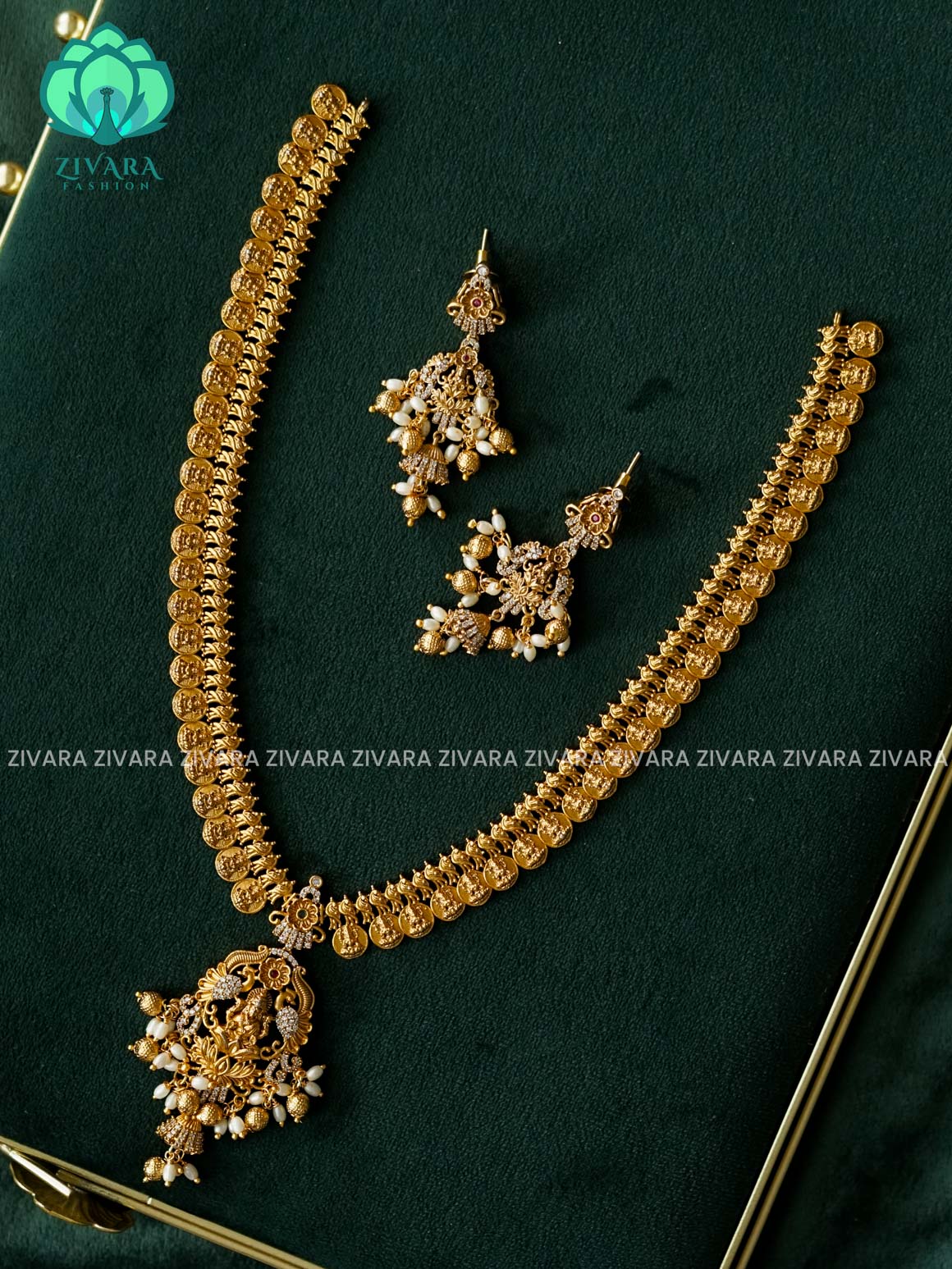 TEMPLE COIN LONG CHAIN  - Traditional PREMIUM MATTE polish MIDCHEST haaram/neckwear with earrings- Zivara Fashion