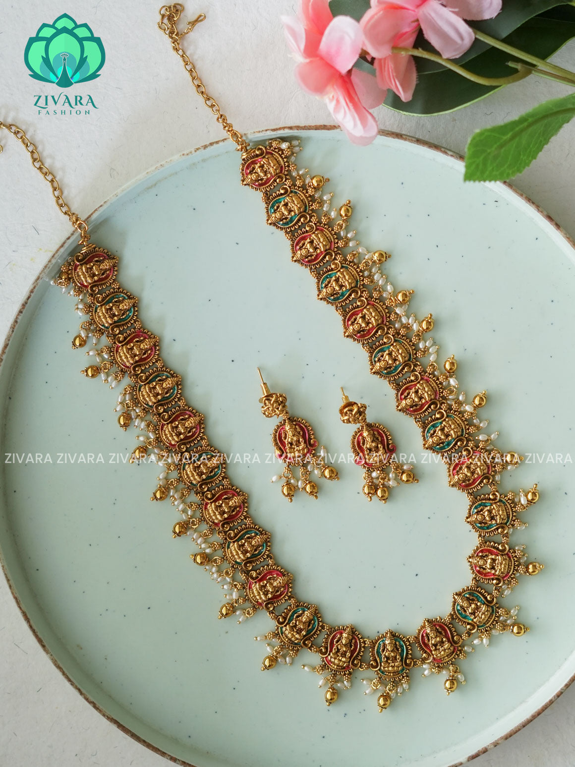 MADHURYA -  GRAND TEMPLE  BRIDAL VINTAGE FINISH SET handpainted - Traditional south indian premium neckwear with earrings- Zivara Fashion