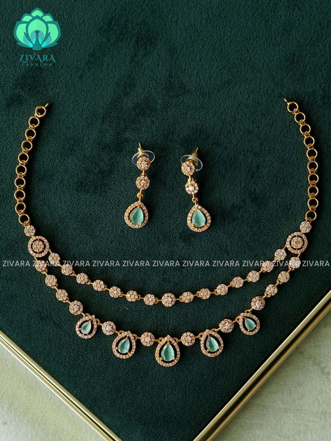 PASTEL GREEN 2 STEP TEAR - stylish and minimal elegant neckwear with earrings- Zivara Fashion