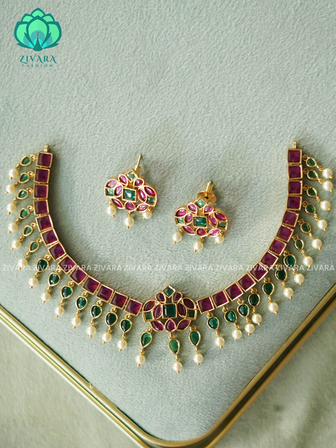REAL KEMP RUBY GREEN - Traditional south indian premium neckwear with earrings- Zivara Fashion- latest jewellery design