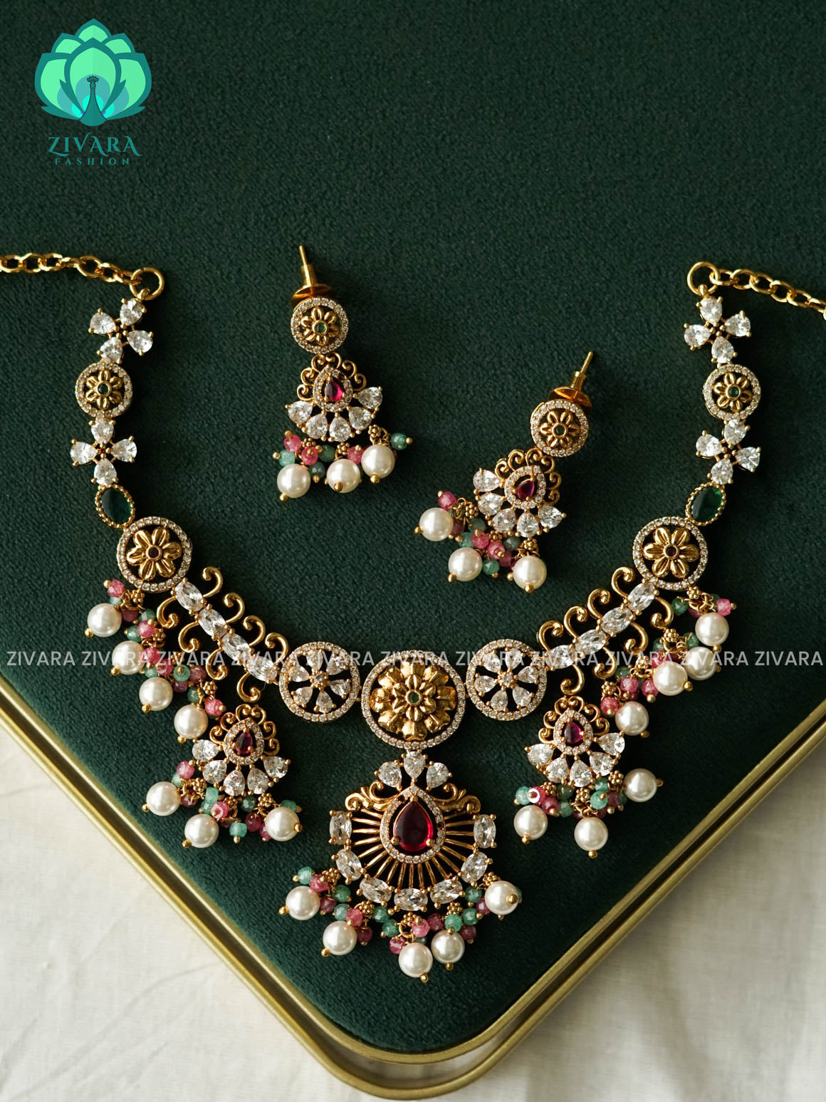 AKSHAYAM -  BRIDAL FLORAL NECKWEAR with  multicolour beads hangings  - Traditional neckwear with premium matte finish - Zivara Fashion