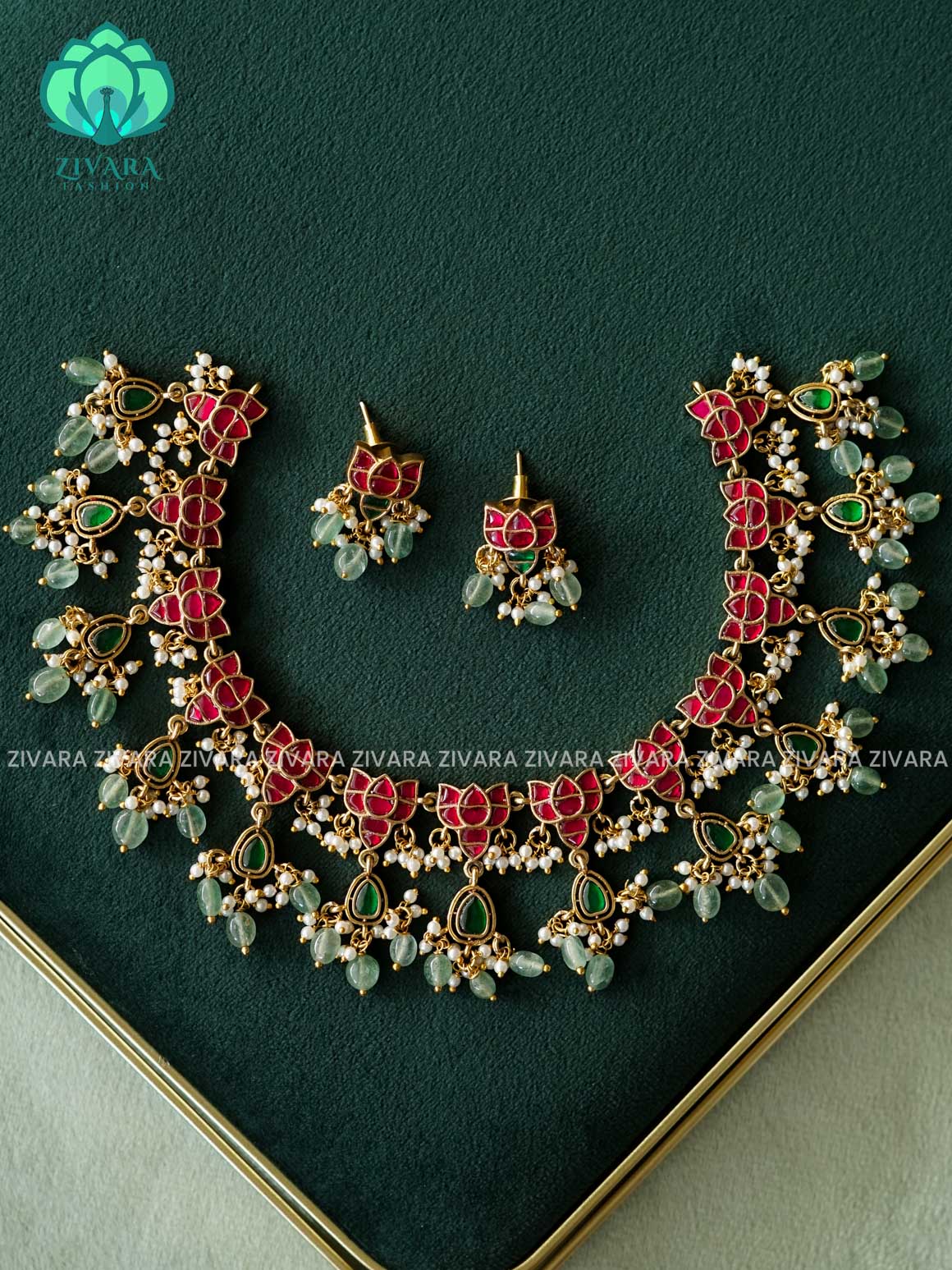JADAU lotus motif with green beads  -Traditional south indian premium neckwear with earrings- Zivara Fashion- latest jewellery design