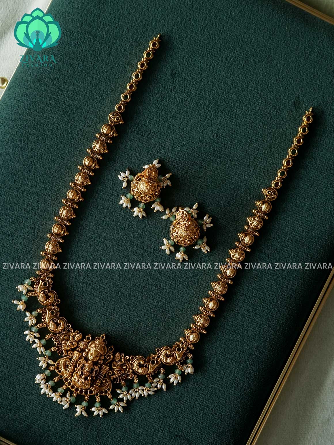 TEMPLE BRIDAL - Traditional PREMIUM MATTE polish MIDCHEST haaram/neckwear with earrings- Zivara Fashion