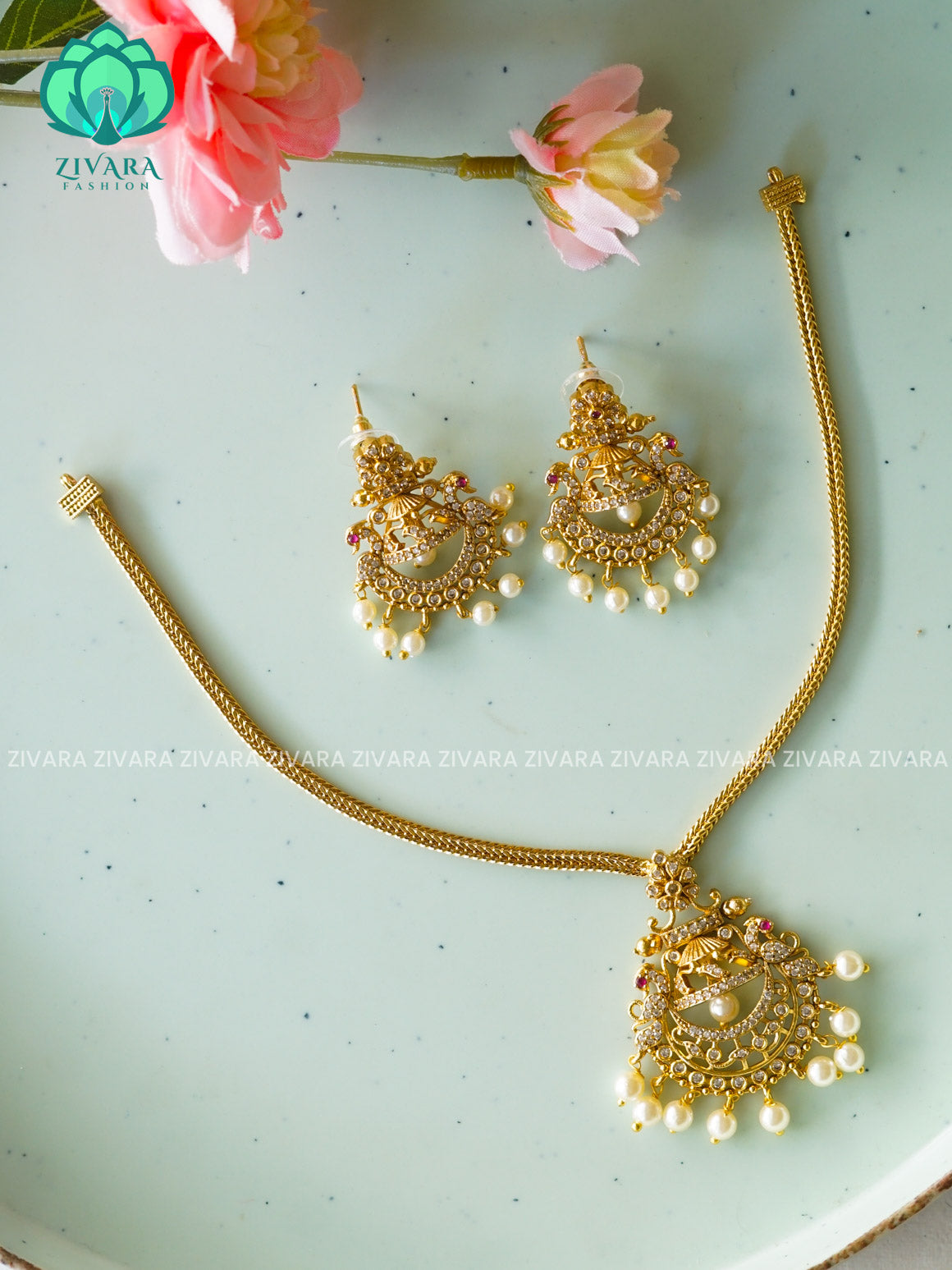 BHANU - HALF JHUMKA BALI - Traditional south indian PREMIUM  MATTE neckwear with earrings - Zivara Fashion