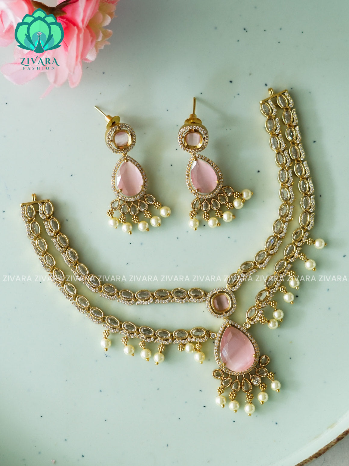 Pink- TEAR PENDANT Step /layered - SUBTLE GOLD FINISH stylish and minimal elegant neckwear with earrings- Zivara FashioN