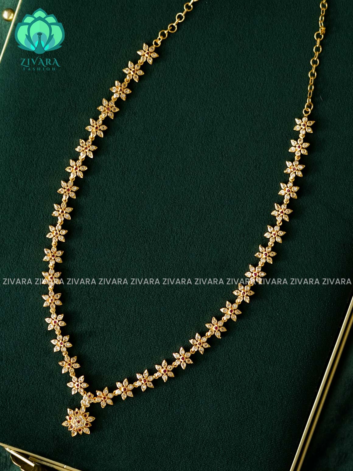 AMBIGAI -  RUBY WHITE STONE  MICROGOLD POLISH LONG HAARAM   -Traditional south indian premium HAARAM- Zivara Fashion- latest jewellery design