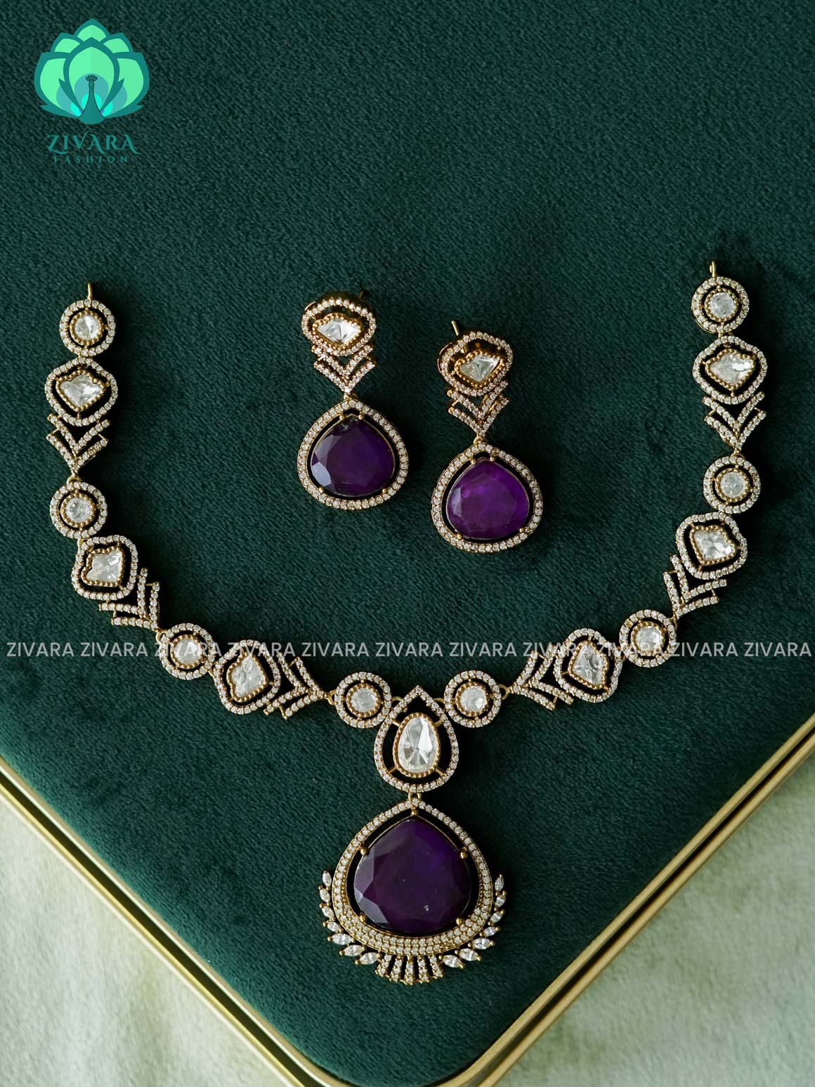 PURPLE VICTORIA POLISH TEAR - premium neckwear with earrings- Zivara Fashion- latest jewellery design