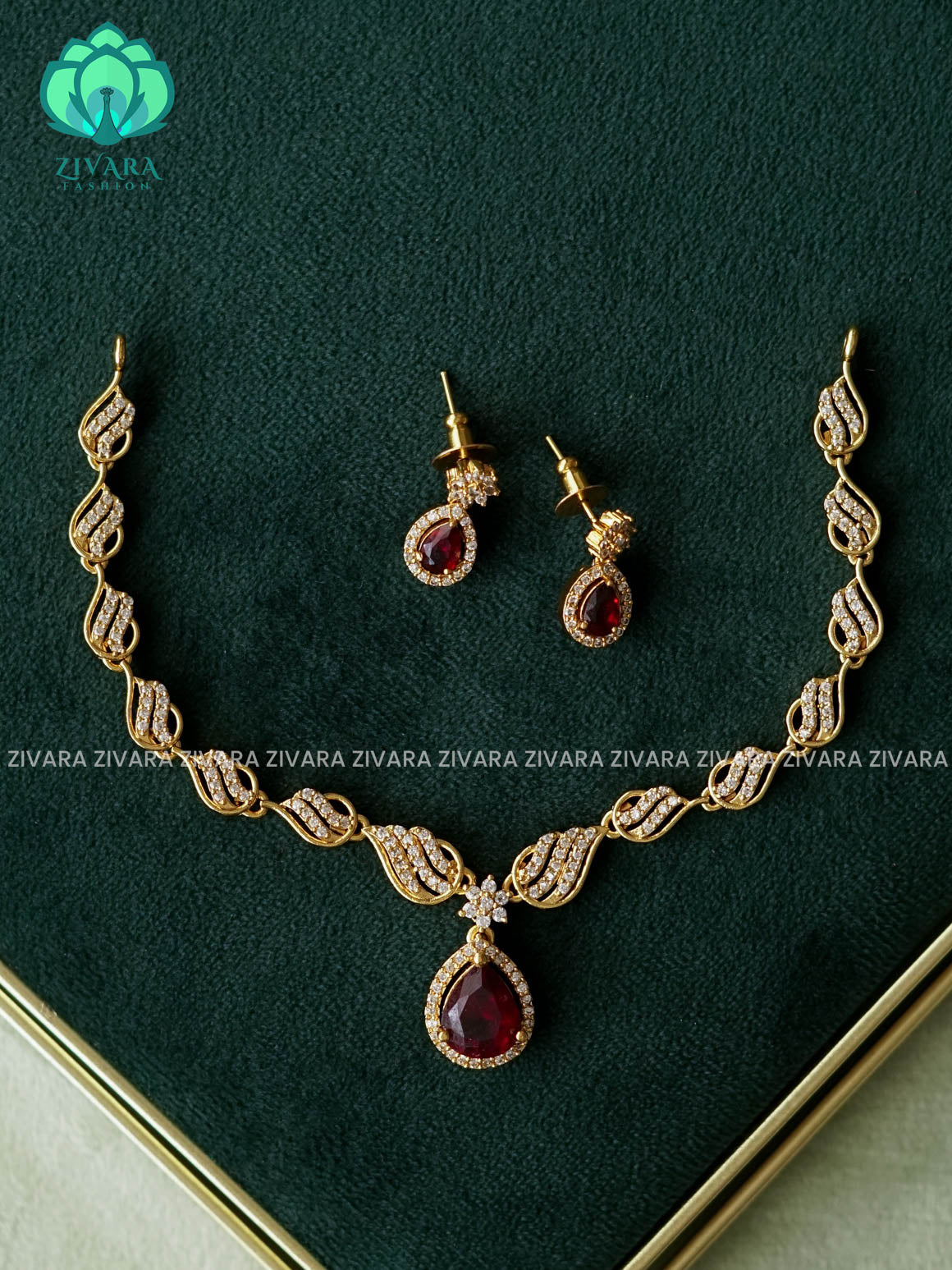 Swirly RUBY stone pendant  - stylish and minimal elegant kids friendly neckwear with earrings- Zivara Fashion