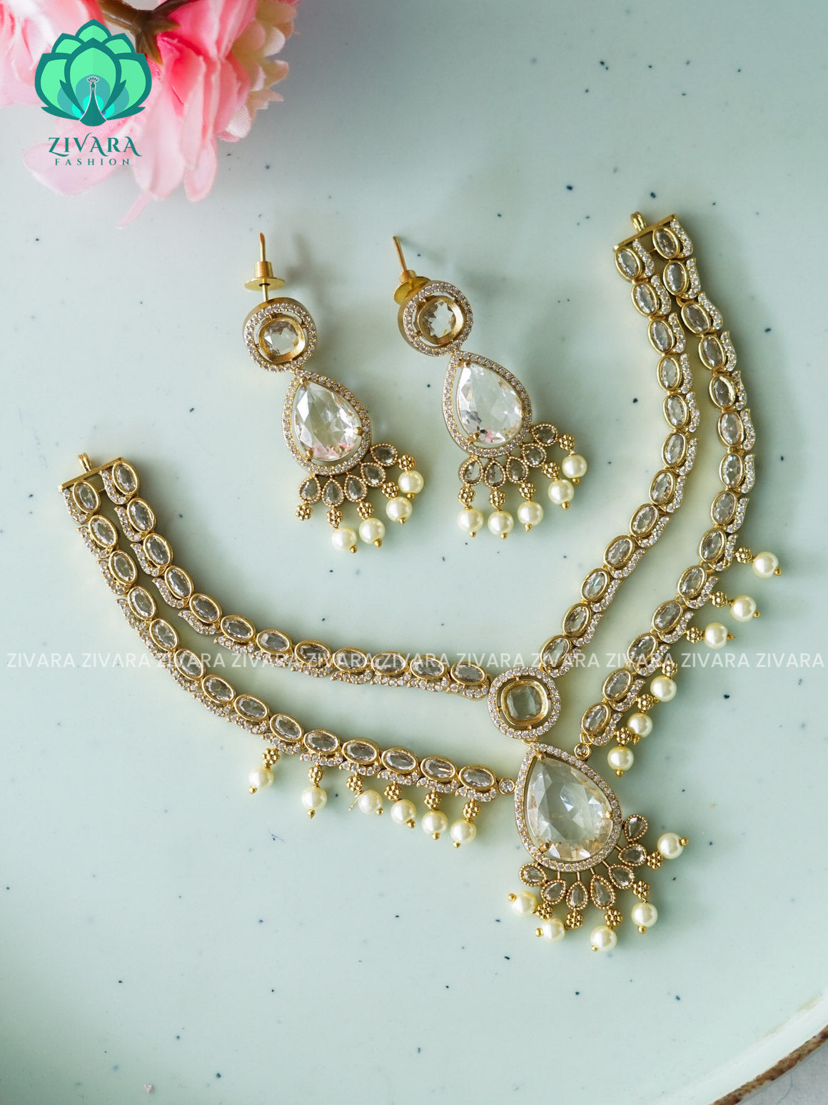 WHITE - TEAR PENDANT Step /layered - SUBTLE GOLD FINISH stylish and minimal elegant neckwear with earrings- Zivara FashioN