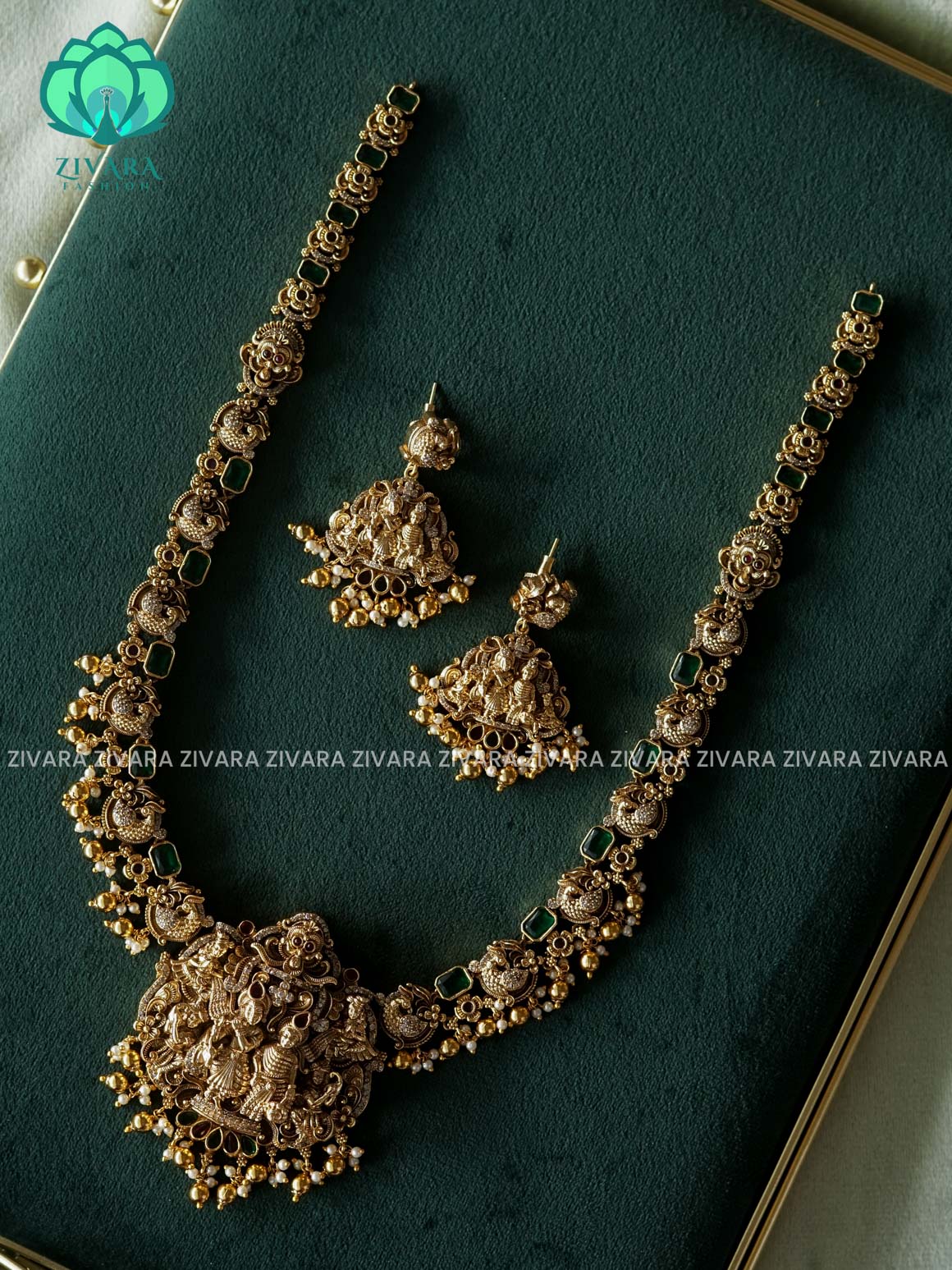 TEMPLE BRIDAL - Traditional PREMIUM MATTE polish MIDCHEST haaram/neckwear with earrings- Zivara Fashion