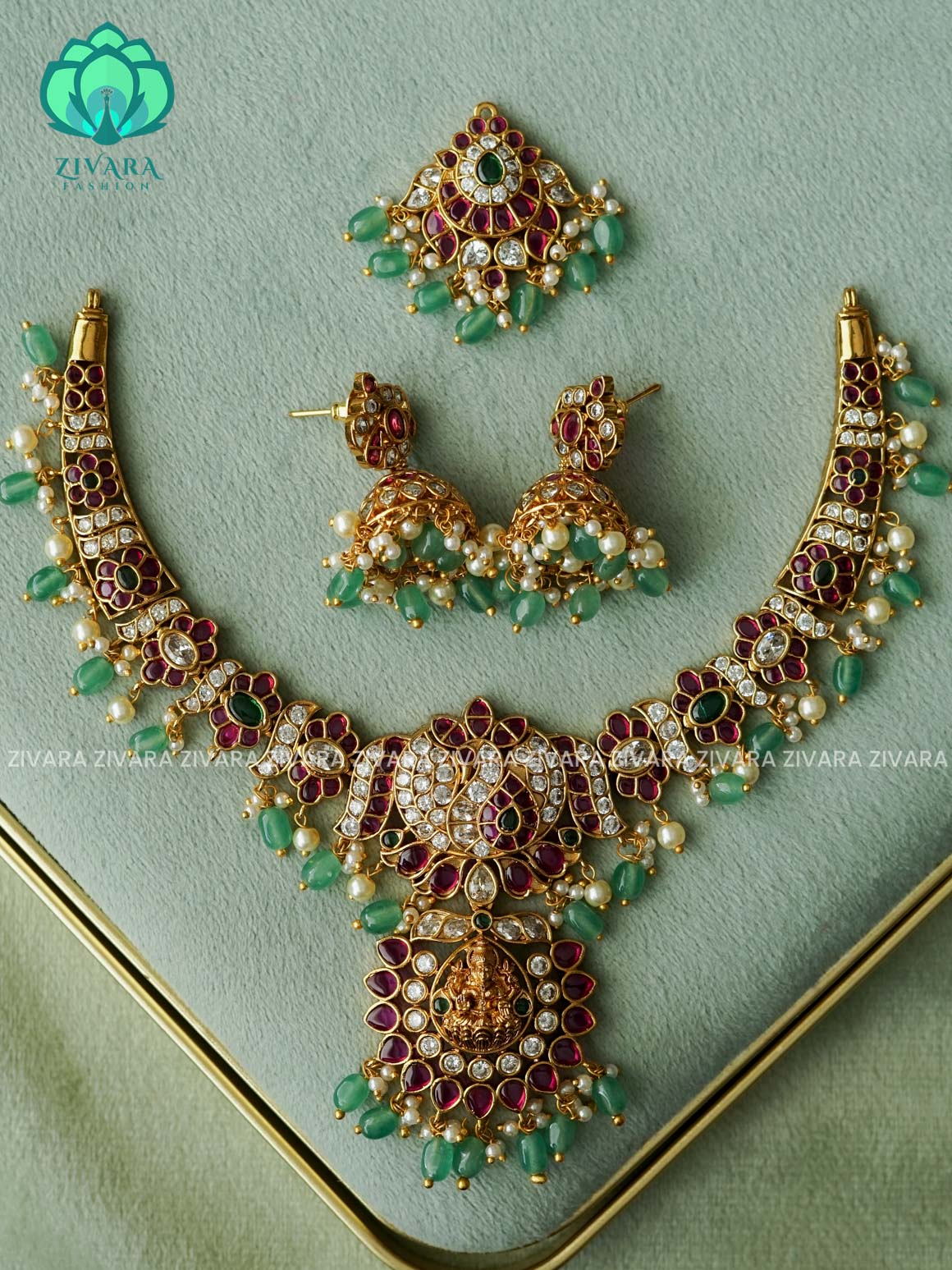 TEMPLE BRIDAL REAL KEMP HASLI NECKWEAR WITH CHANGEABLE PENDANT  - Traditional south indian premium neckwear with earrings- Zivara Fashion- latest jewellery design