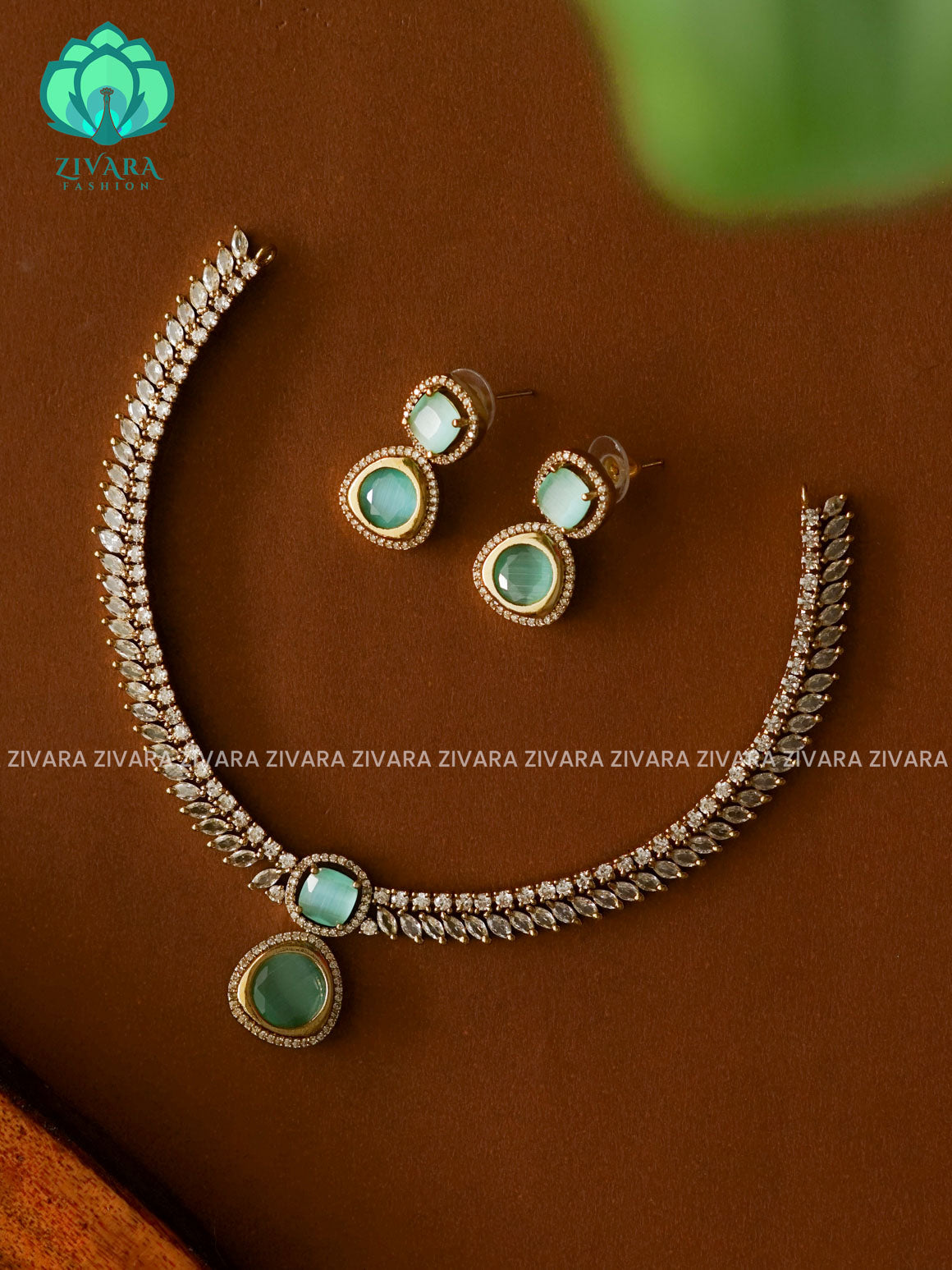 PASTEL GREEN - SUBTLE GOLD finish horn PREMIUM neckwear with earrings  -  latest pocket friendly south indian jewellery collection