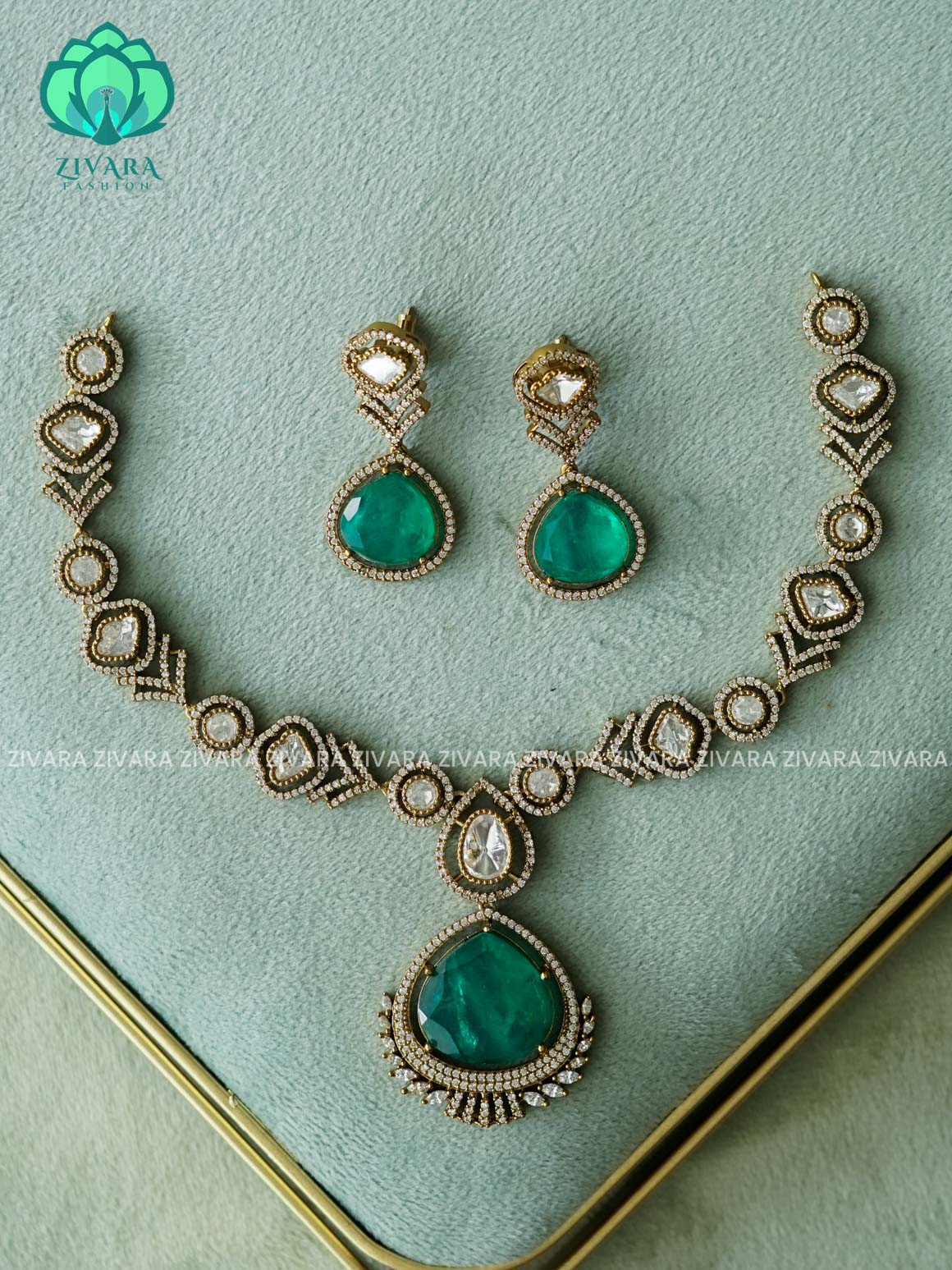 GREEN VICTORIA POLISH TEAR - premium neckwear with earrings- Zivara Fashion- latest jewellery design
