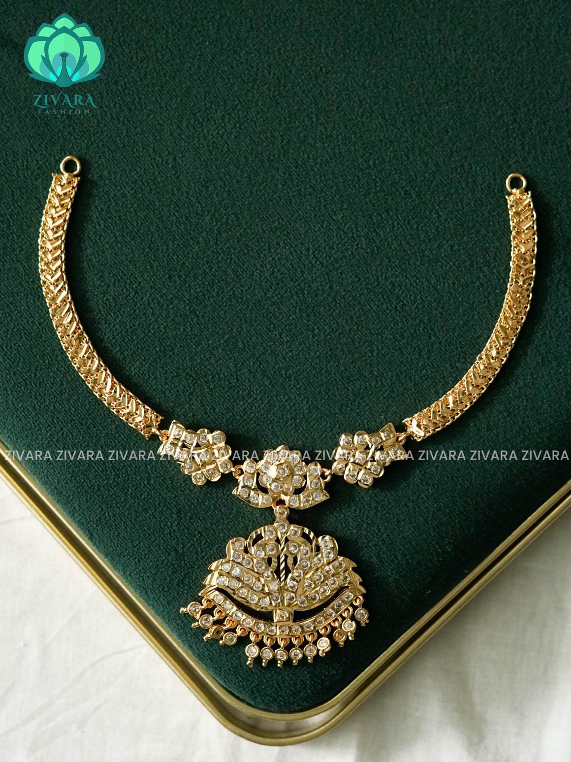 AMBIGAI-WHITE STONE MICROGOLD POLISH ATTIGAI  - Zivara Fashion- latest jewellery desigN