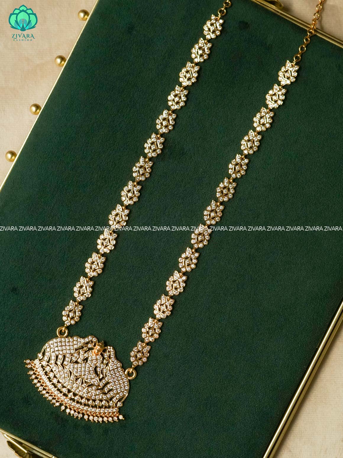 AMBIGAI -  WHITE STONE ELEPHANT MICROGOLD POLISH LONG HAARAM   -Traditional south indian premium HAARAM- Zivara Fashion- latest jewellery design