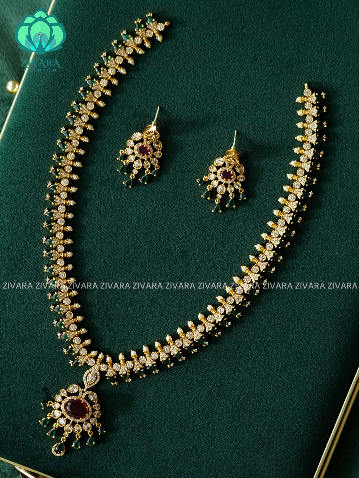 BRIDAL RUBY GREEN MANGA STYLISH HARRAM  - Traditional PREMIUM MATTE polish MIDCHEST haaram/neckwear- Zivara Fashion