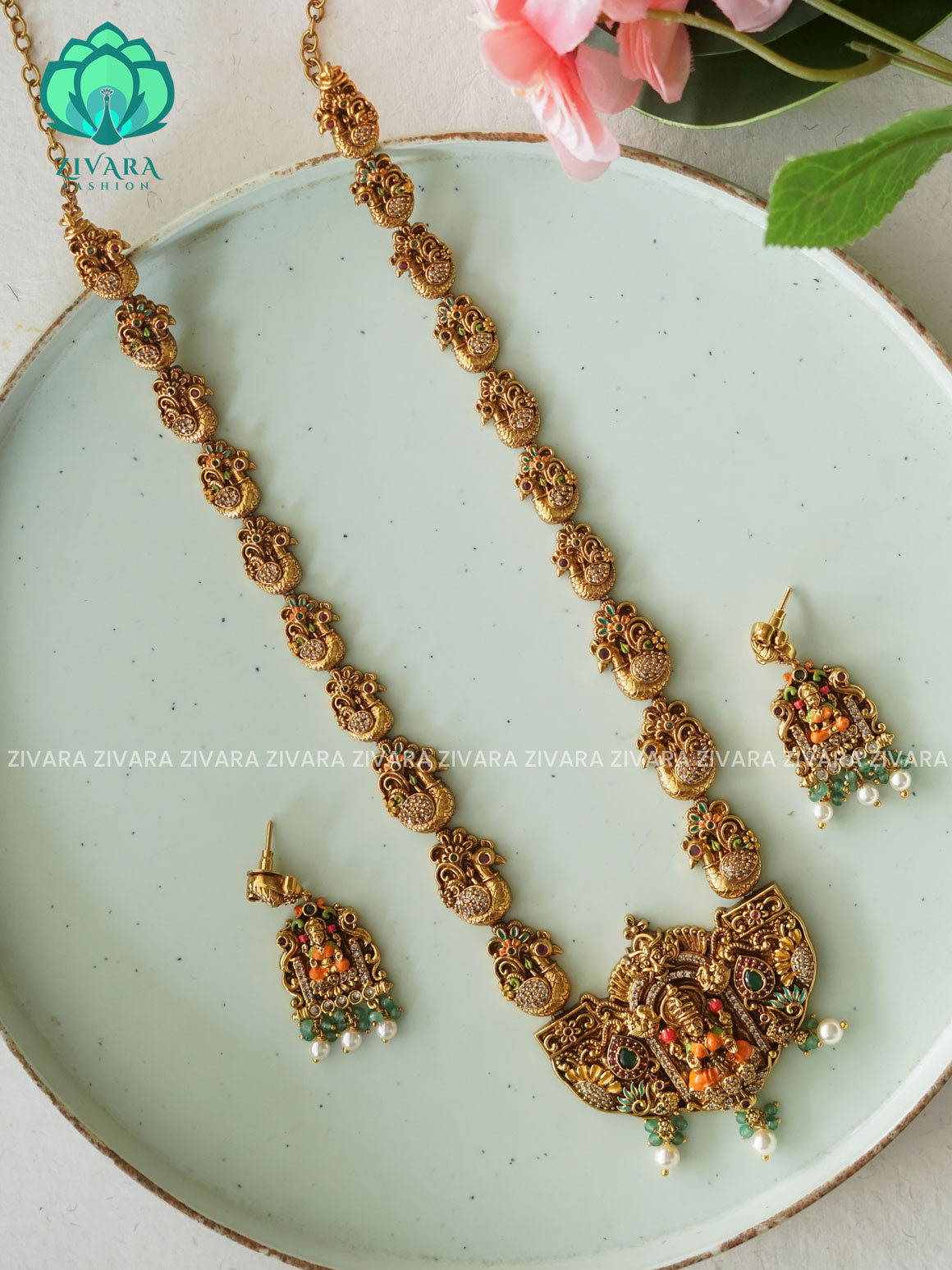 MADHURYA -  GRAND TEMPLE  BRIDAL VINTAGE FINISH SET handpainted - Traditional south indian premium neckwear with earrings- Zivara Fashion