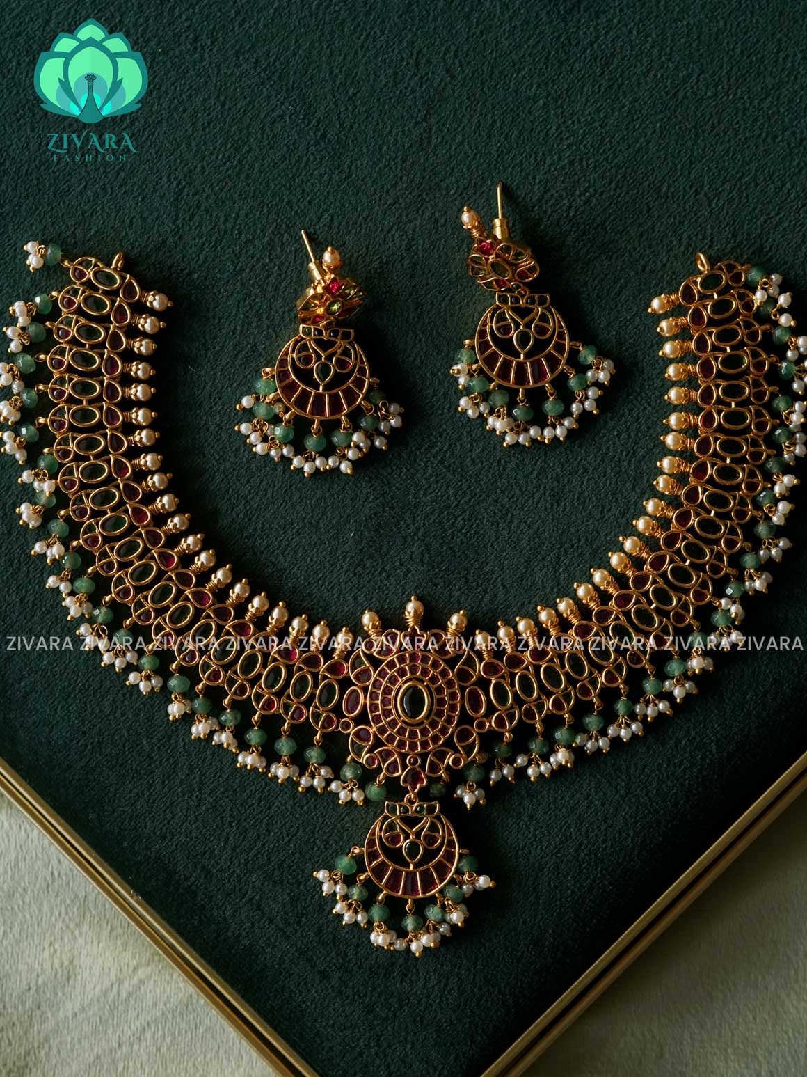 REAL KEMP CHAND WITH PASTEL GREEN HANGING NECKWARE  Traditional south indian premium neckwear with earrings- Zivara Fashion- latest jewellery design