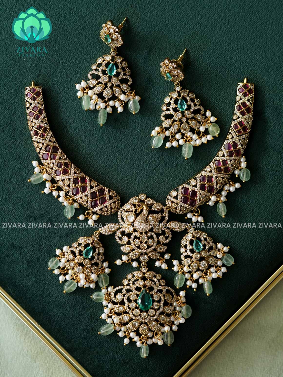AKSHAYAM - GREEN BEADS HEAVY REAL KEMP PEACOCK MOTIF BRIDAL HASLI -Traditional south indian premium neckwear with earrings- Zivara Fashion- latest jewellery design.