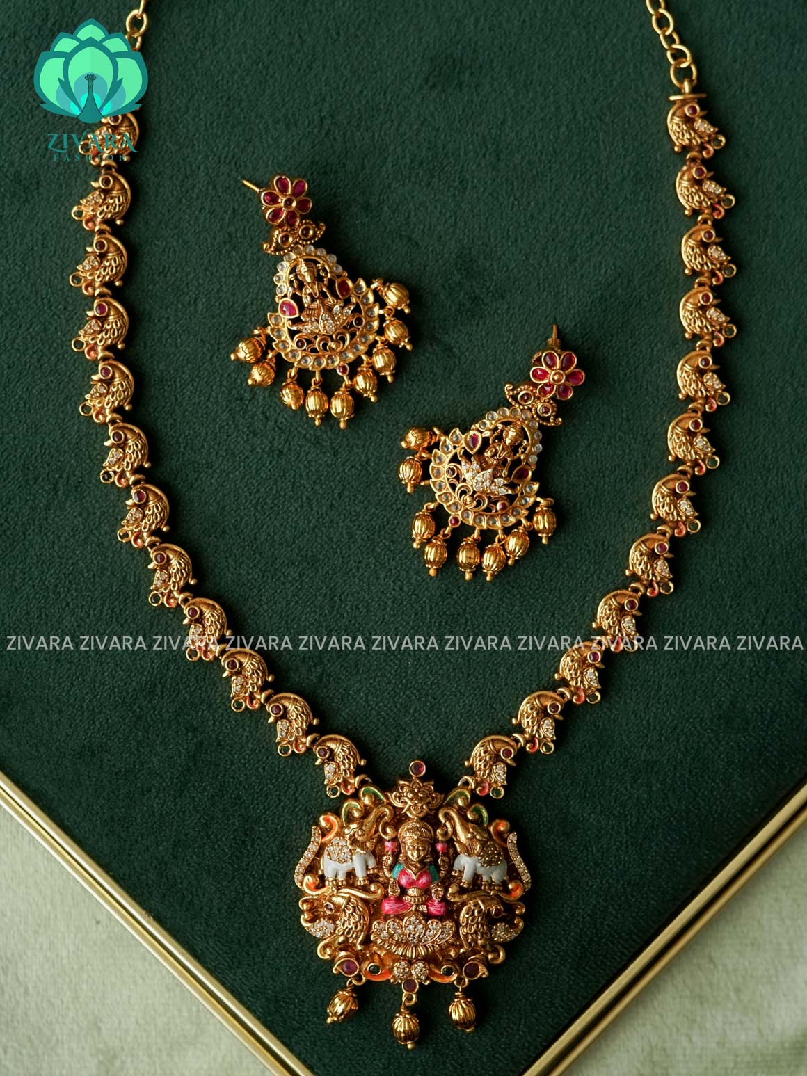 MADHURYA -  LAKSHMI WITH ELEPAHNT VINTAGE FINISH  handpainted - Traditional south indian premium neckwear without earrings- Zivara Fashion- latest jewellery design
