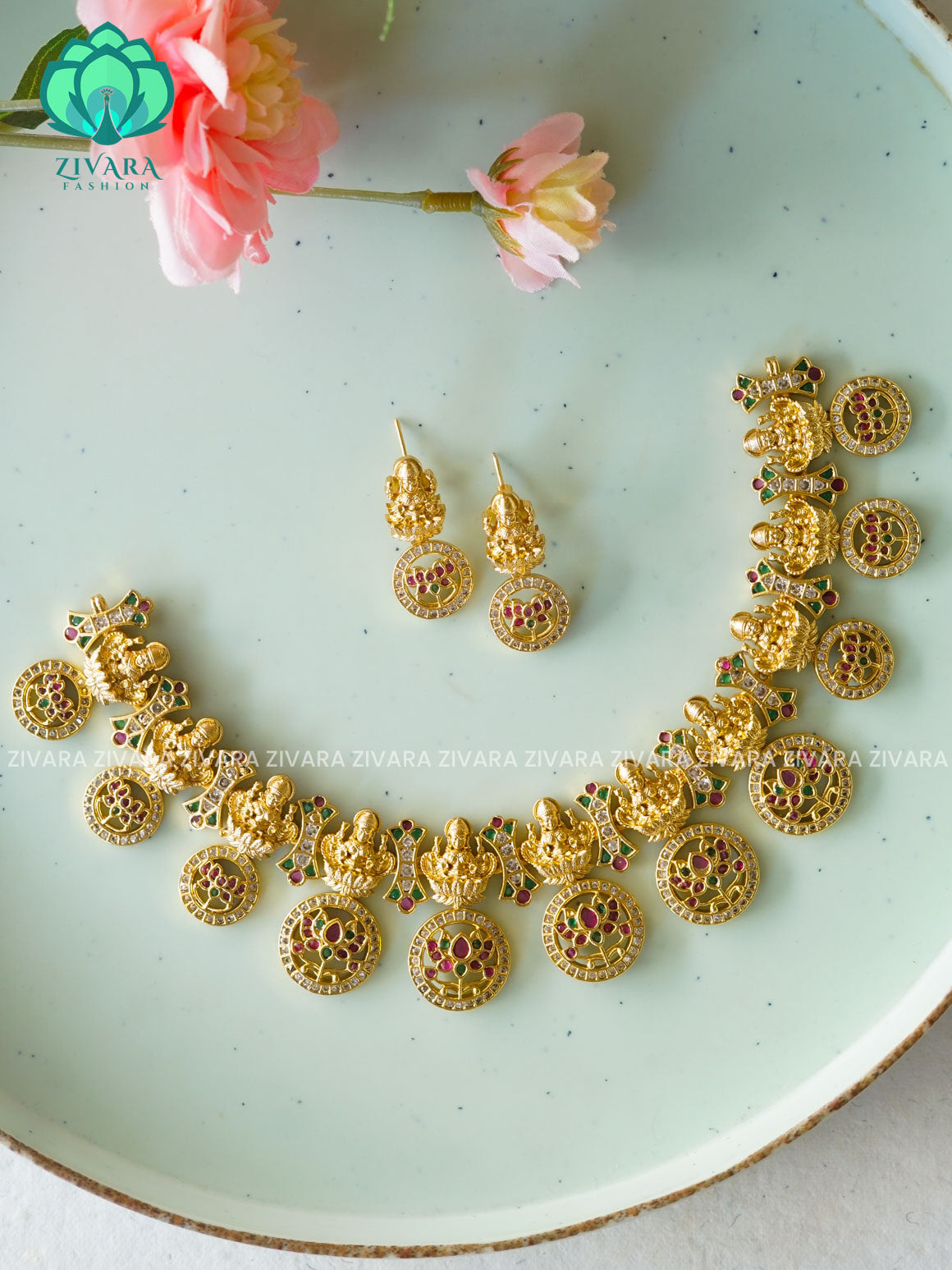 BRIDAL STONE COIN NECKLACE WITH EARRINGS   - Premium quality CZ Matte collection-south indian jewellerY