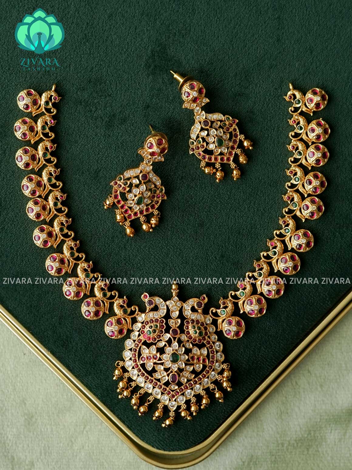 REAL KEMP PEACOCK NECKWEAR WITH HANGINGS - Traditional south indian premium neckwear with earrings- Zivara Fashion- latest jewellery design
