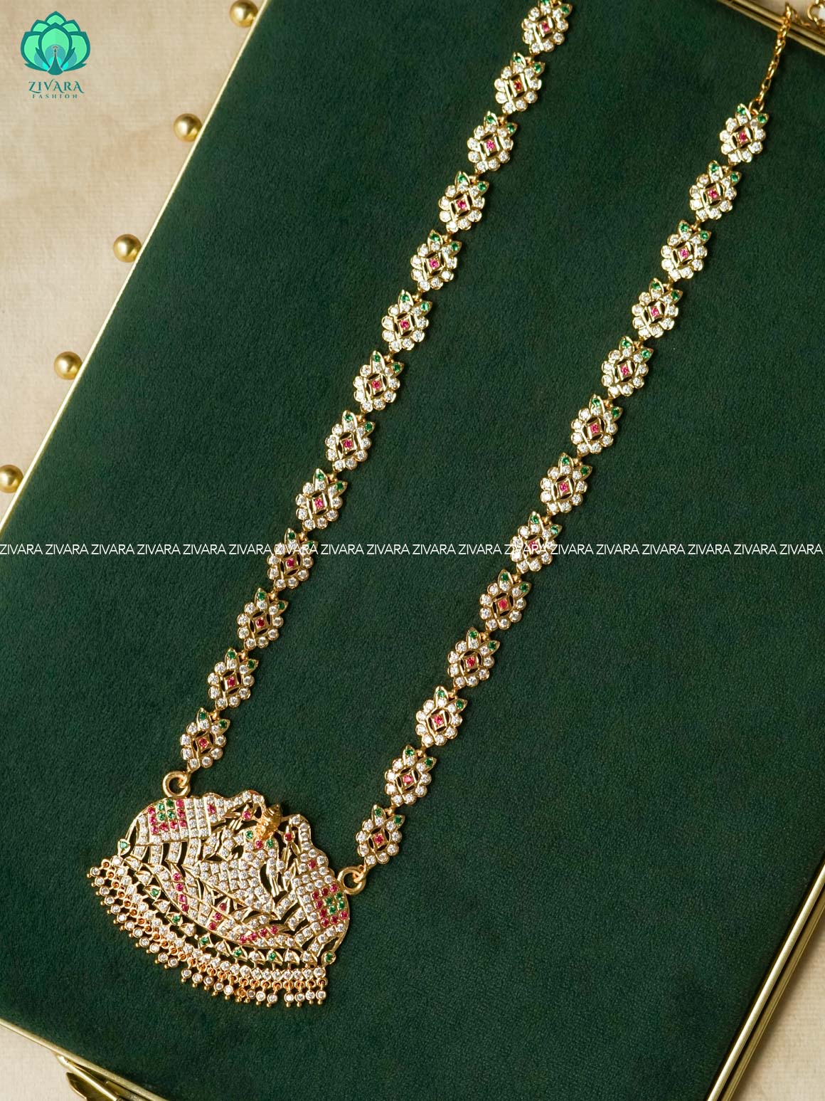 AMBIGAI - RUBY GREEN  ELEPHANT MICROGOLD POLISH LONG HAARAM   -Traditional south indian premium HAARAM- Zivara Fashion- latest jewellery design