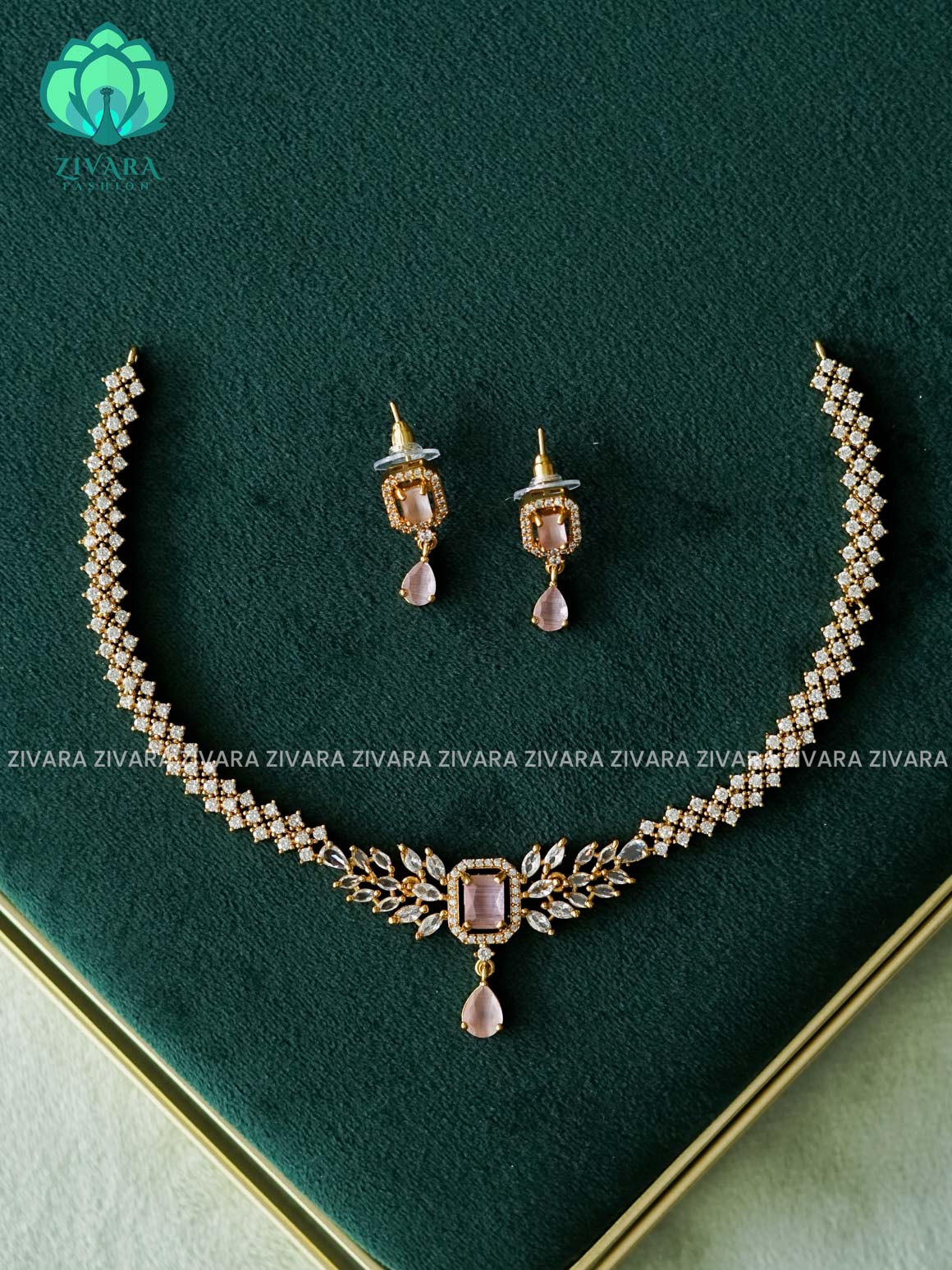 PINK HOTSELLING TEAR DROP - PREMIUM SUBTLE GOLD FINISH  stylish and minimal elegant neckwear with earrings- Zivara Fashion