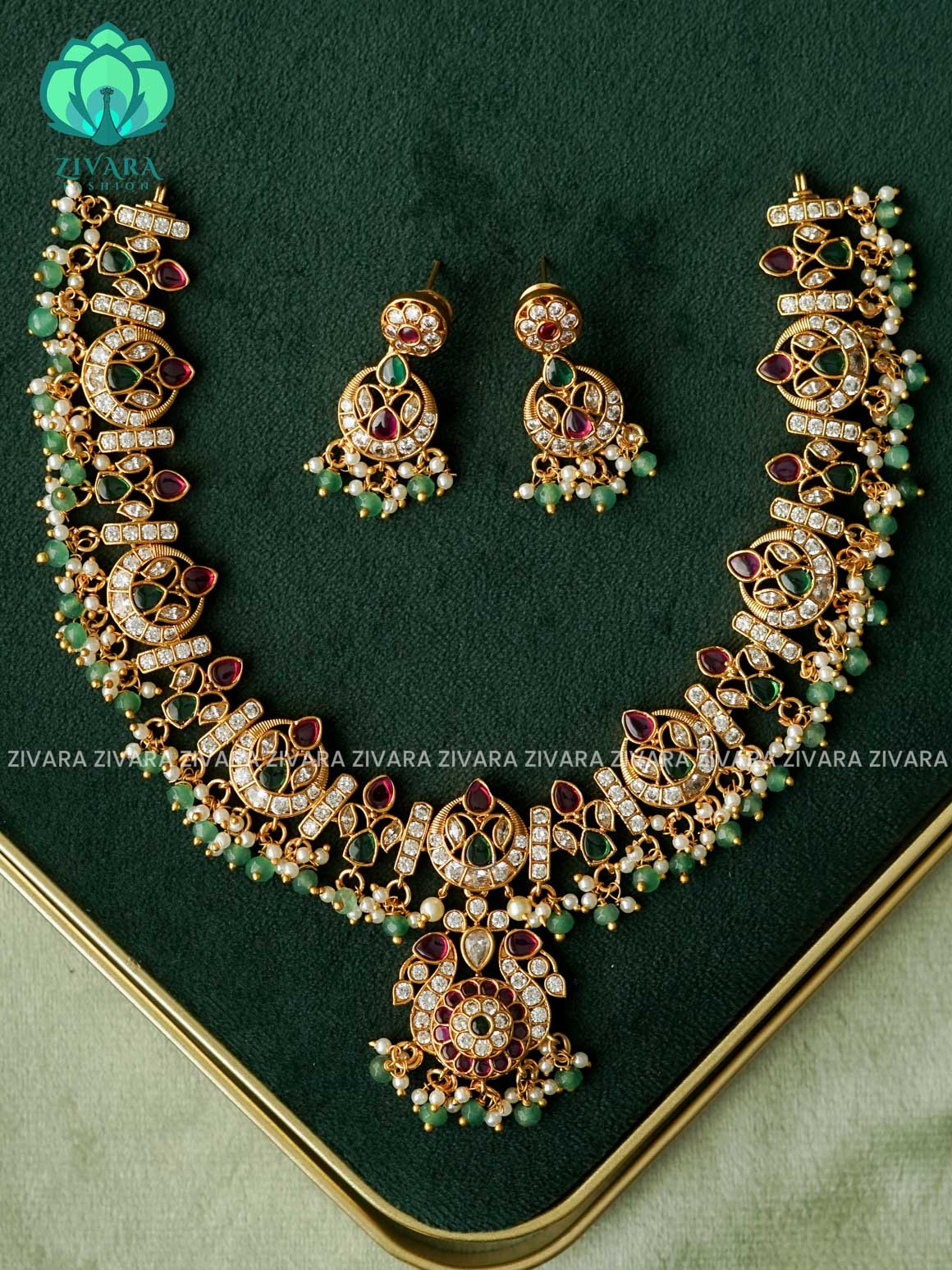 BRIDAL REAL KEMP  NECKWEAR WITH HANGINGS  - Traditional south indian premium neckwear with earrings- Zivara Fashion- latest jewellery design
