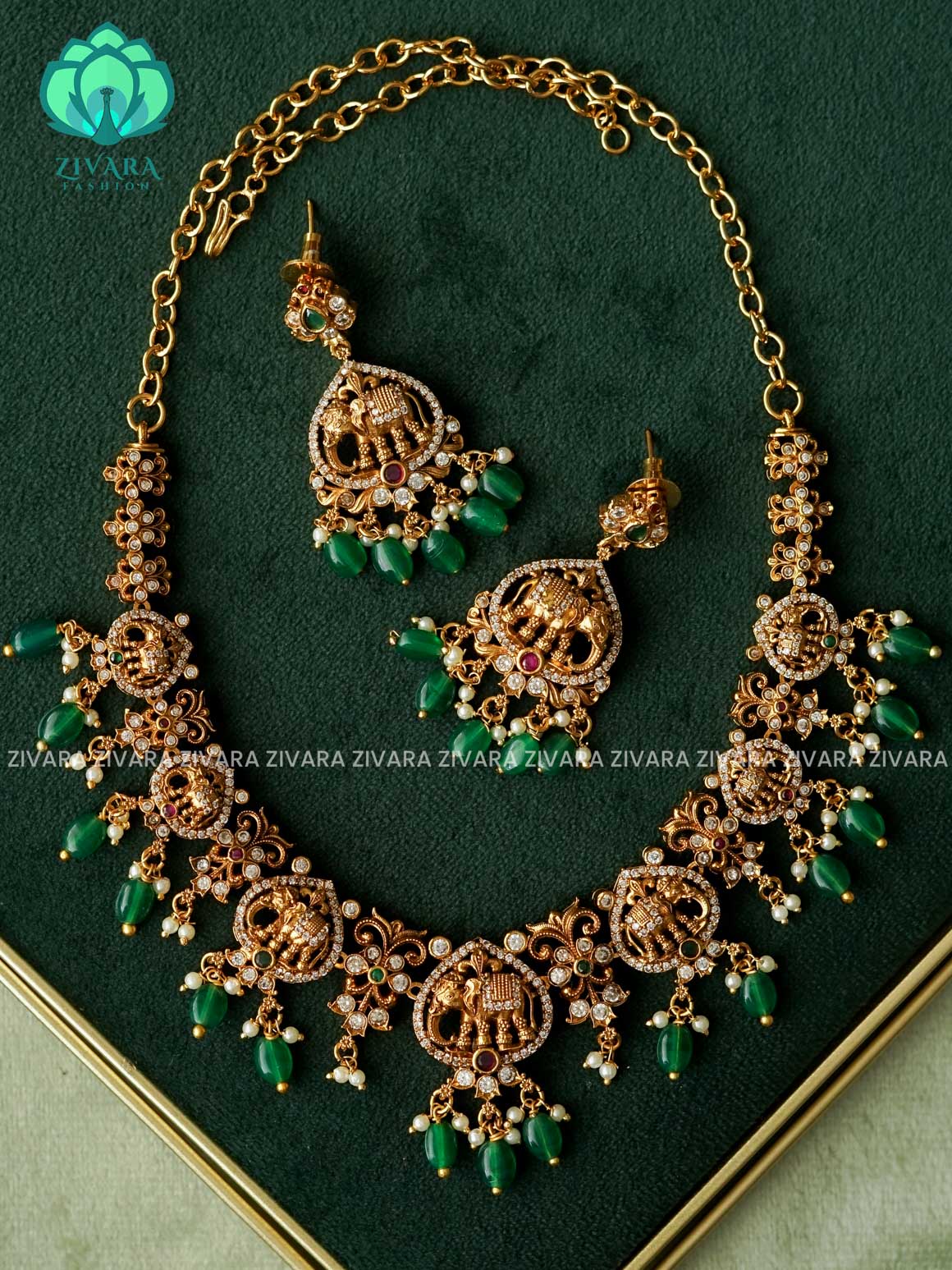 Akshayam- bridal elephant neckwear with green beads hangings - Traditional south indian premium neckwear with earrings- Zivara Fashion- latest jewellery design