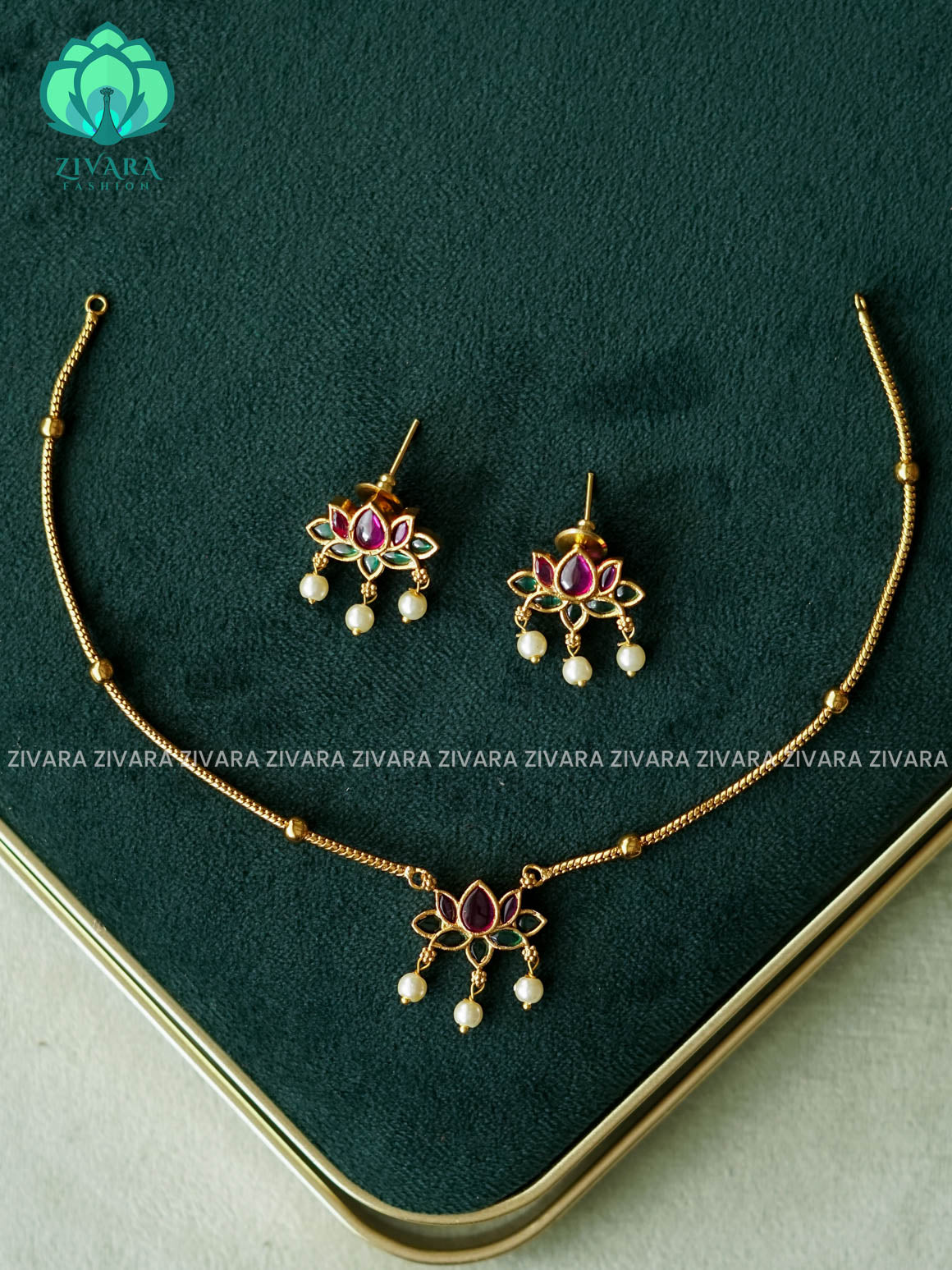 LOTUS PENDANT THIN FLEXIBLE CHAIN SMALL SIZE - Traditional south indian premium neckwear WITH earrings- Zivara Fashion- latest jewellery design