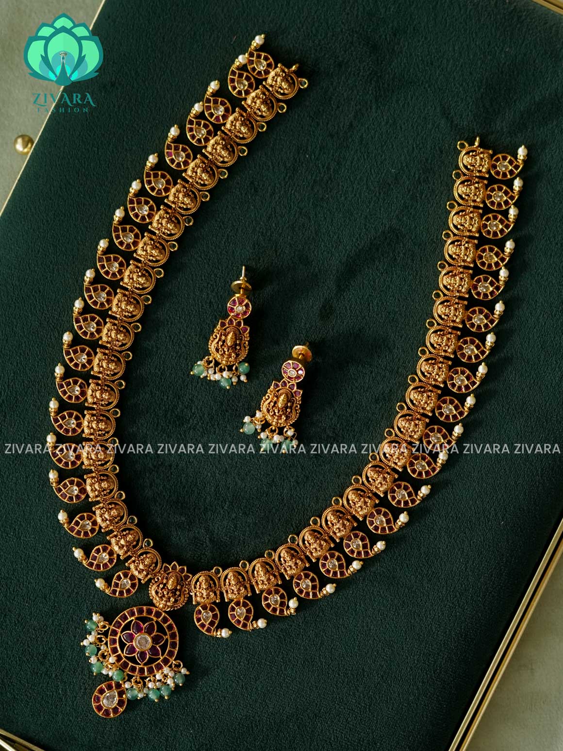 RUBY GREEN STONE MANGO WITH TEMPLE MOTIF - Traditional PREMIUM MATTE polish MIDCHEST haaram/neckwear with earrings- Zivara Fashion