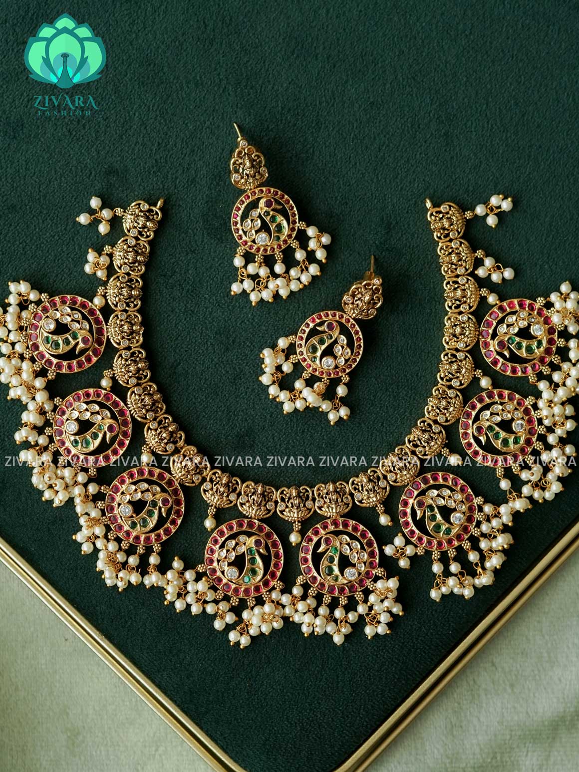 REAL KEMP PEACOCK BUTTA NECKWEAR  - Traditional south indian premium neckwear with earrings- Zivara Fashion- latest jewellery design