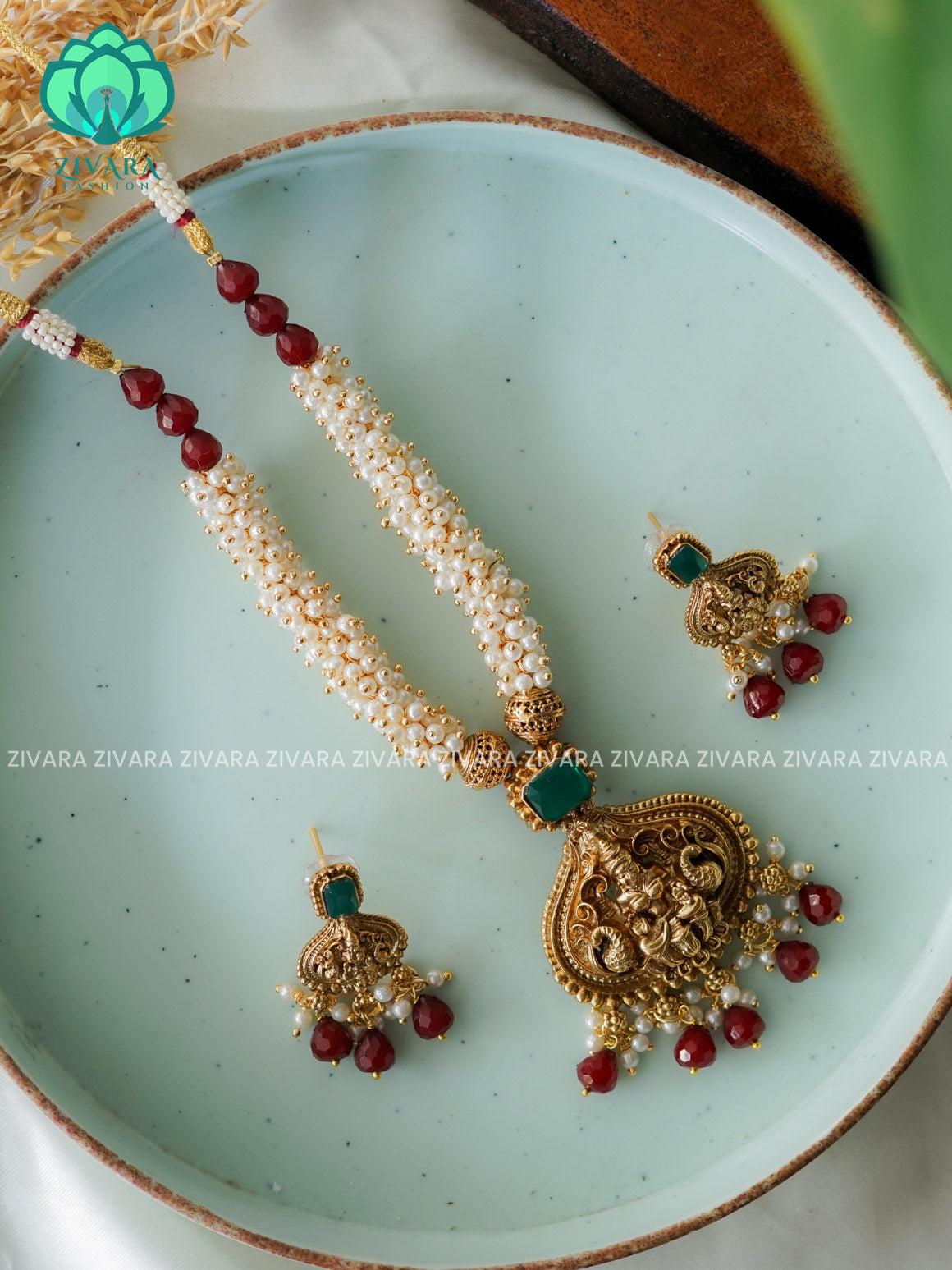 TEMPLE PEARL CLUSTER -Traditional south indian NORMAL MATTE neckwear with earrings- Zivara Fashion- latest jewellery design