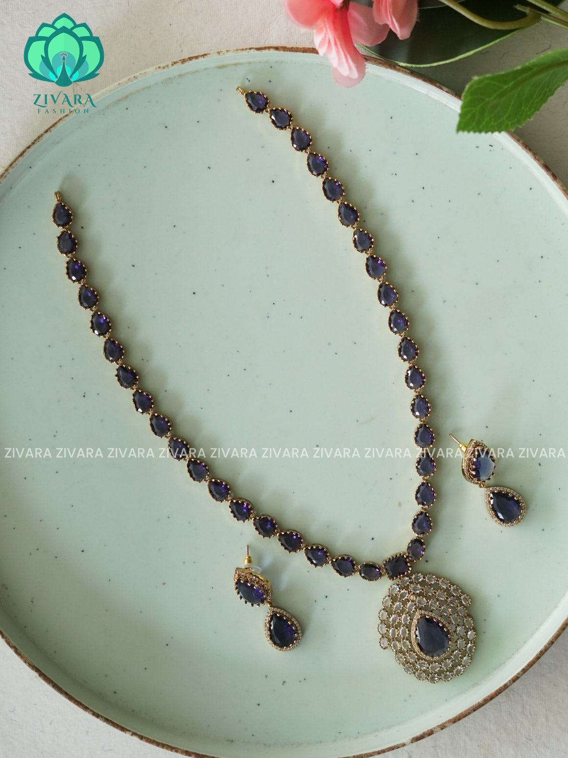 PURPLE TEAR PENDANT VICTORIA DARK FINISH MIDCHEST haaram/neckwear with earrings- Zivara Fashion