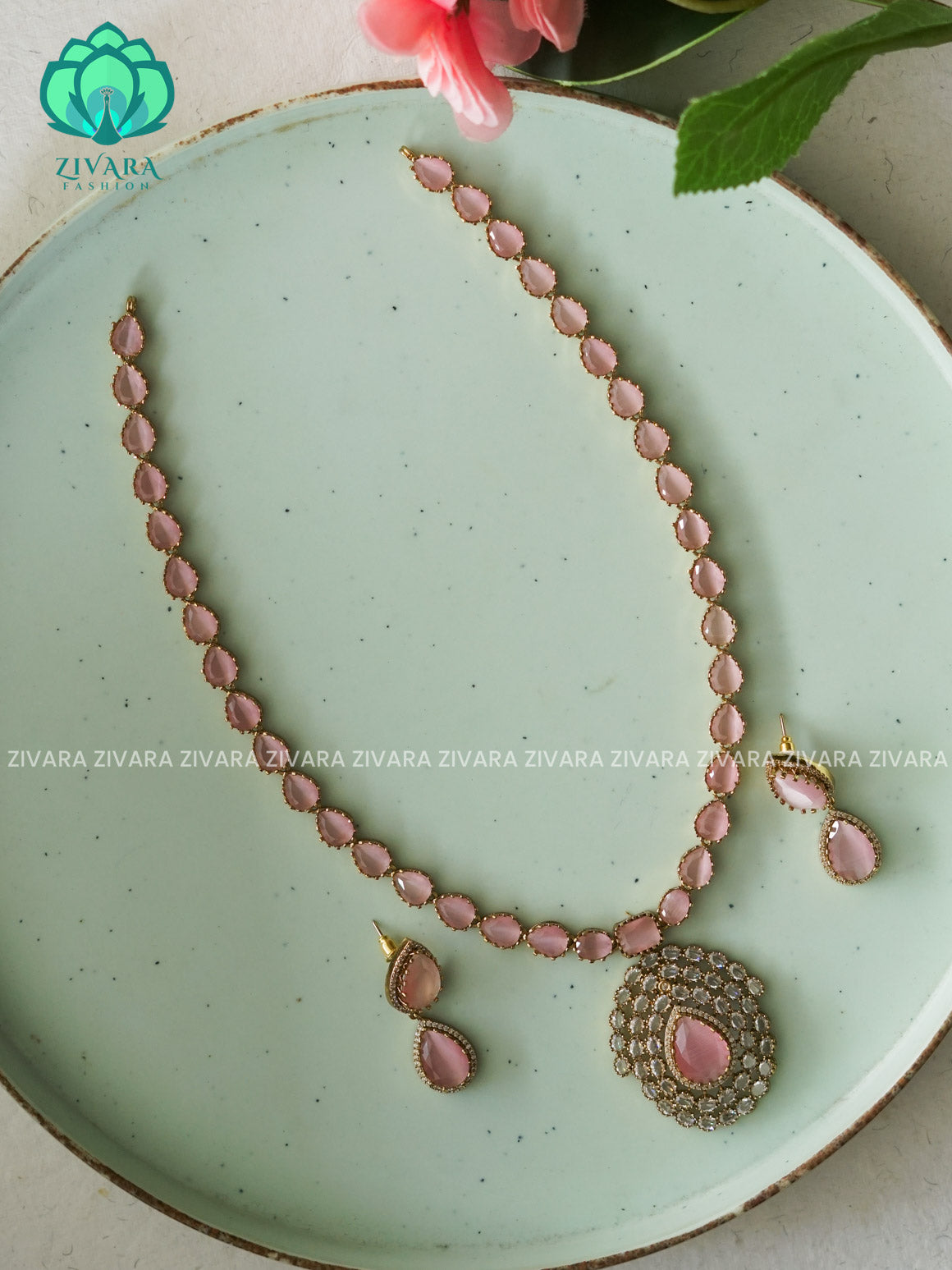 PINK TEAR PENDANT VICTORIA DARK FINISH MIDCHEST haaram/neckwear with earrings- Zivara Fashion