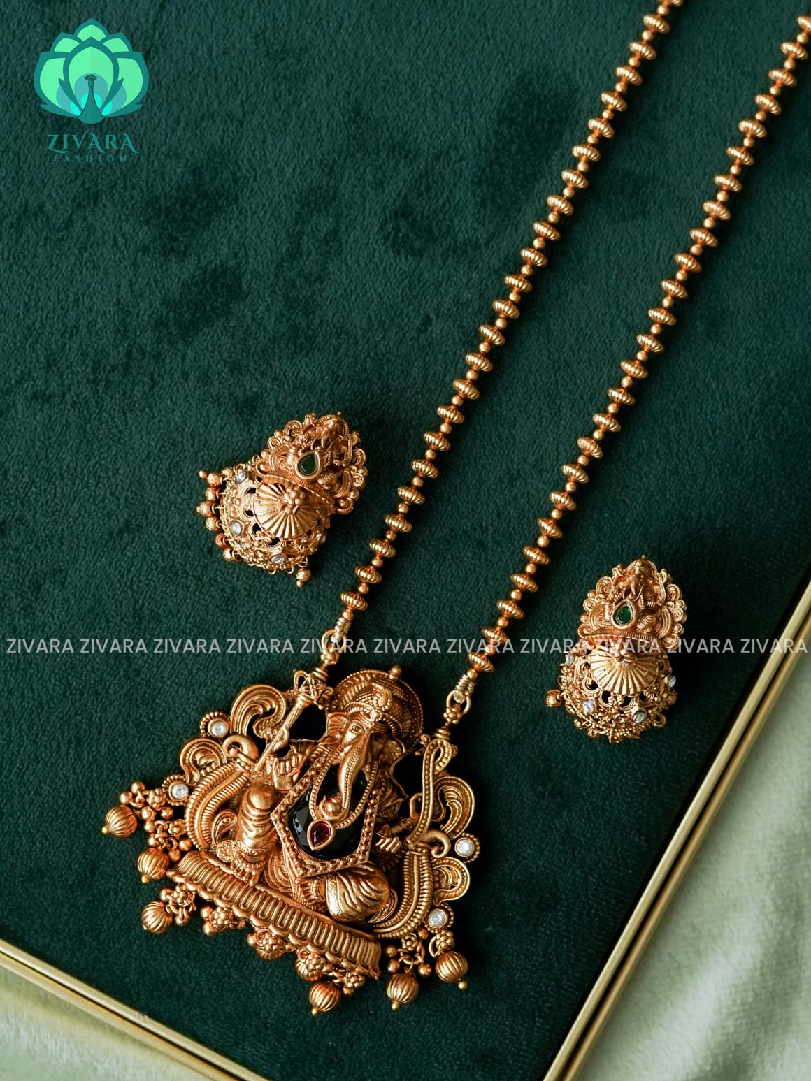VISHALI GREEN STONE GANESHA PENDANT BALL CHAIN - Traditional NORMAL MATTE polish MIDCHEST haaram/neckwear with earrings- Zivara Fashion