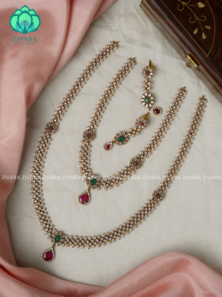 RUBY GREEN WHITE STONE -COMBO OF VICTORIA FINISH  SHORT , LONG NECKWEAR AND EARRING - Zivara Fashion