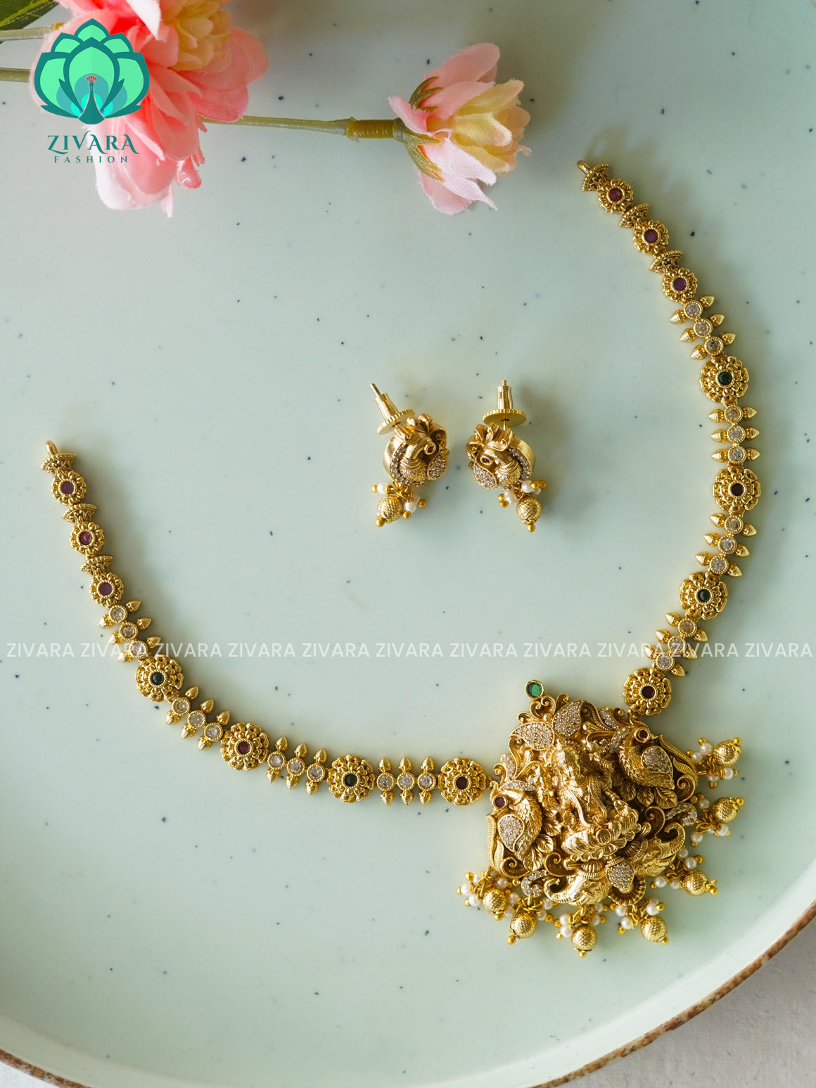 VINTAGE FINISH  TEMPLE BRIDAL  NECK WEAR WITh EARRINGS   - Premium quality CZ Matte collection-south indian jewellery