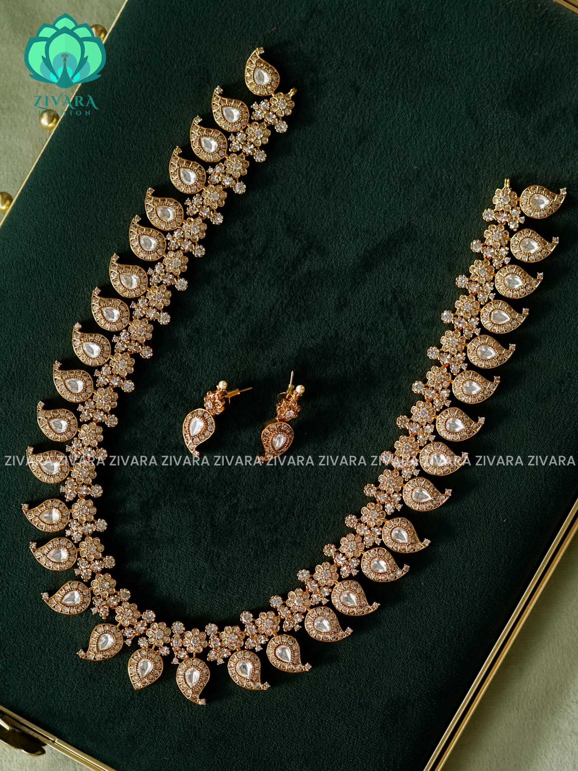 WHITE STONE MANGO - Traditional PREMIUM MATTE polish MIDCHEST haaram/neckwear with earrings- Zivara Fashion