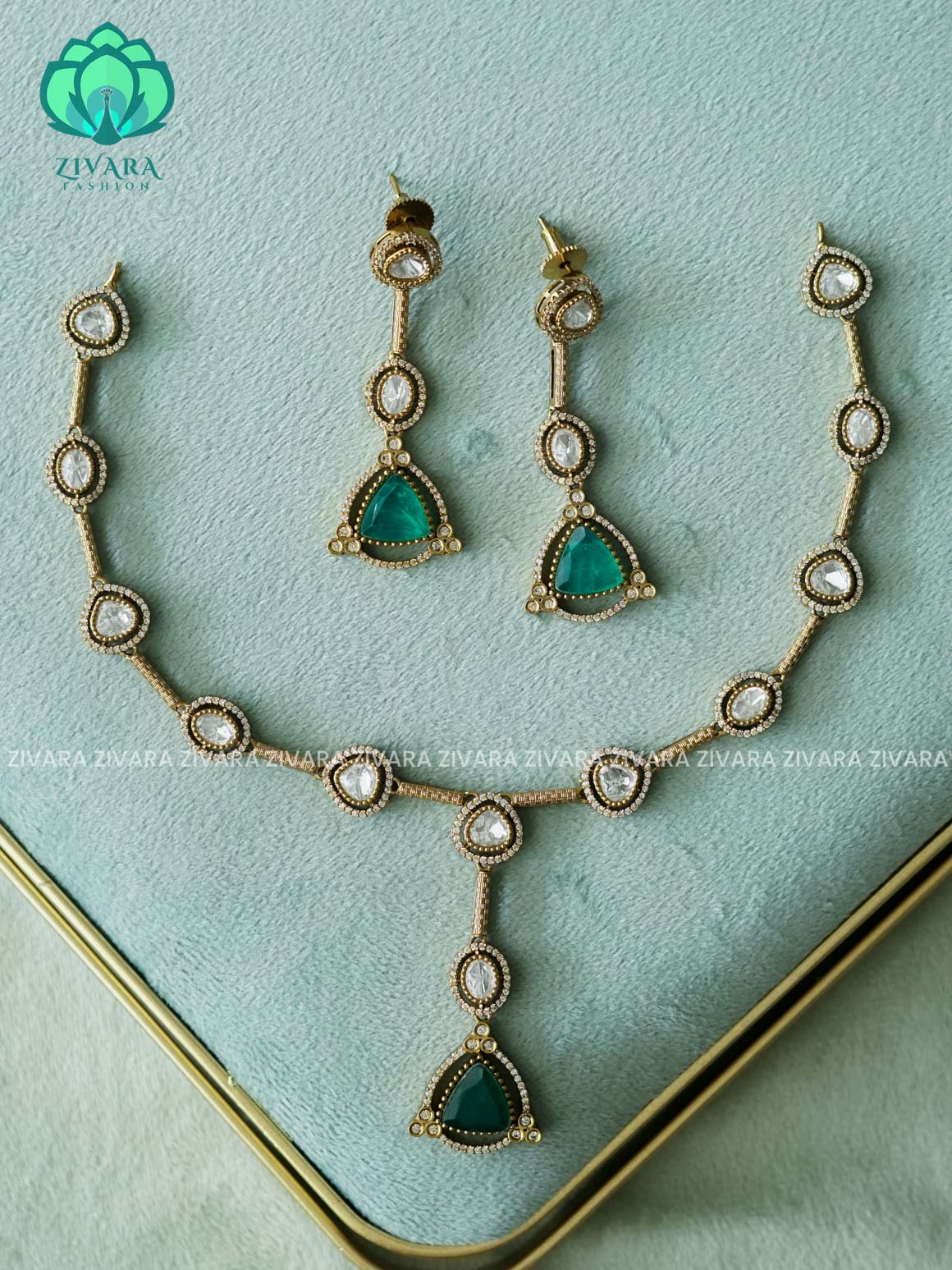 GREEN VICTORIA POLISH TEAR - premium neckwear with earrings- Zivara Fashion- latest jewellery design