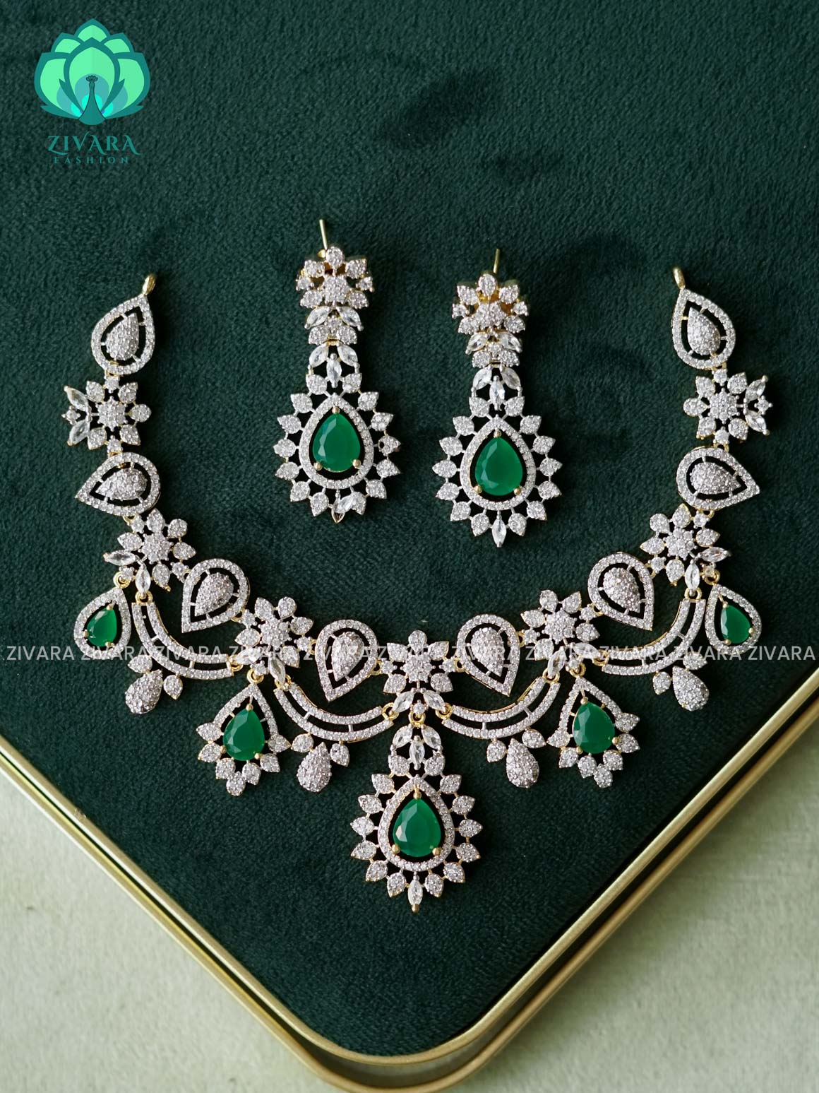 GREEN STONE AD TEAR elegant neckwear with earrings - latest jewellery designs- Zivara Fashion