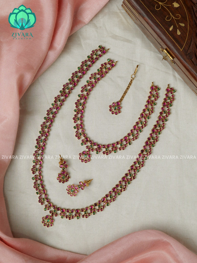 RUBY AND GREEN -COMBO OF TRADITIONAL SHORT , LONG NECKWEAR TIKKA AND EARRING - Zivara Fashion