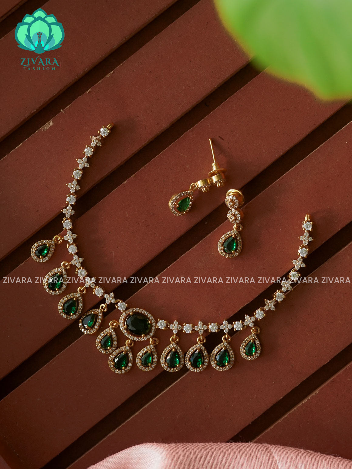 Green- Hanging tear - Trending  stylish and minimal elegant neckwear with earrings- Zivara Fashion