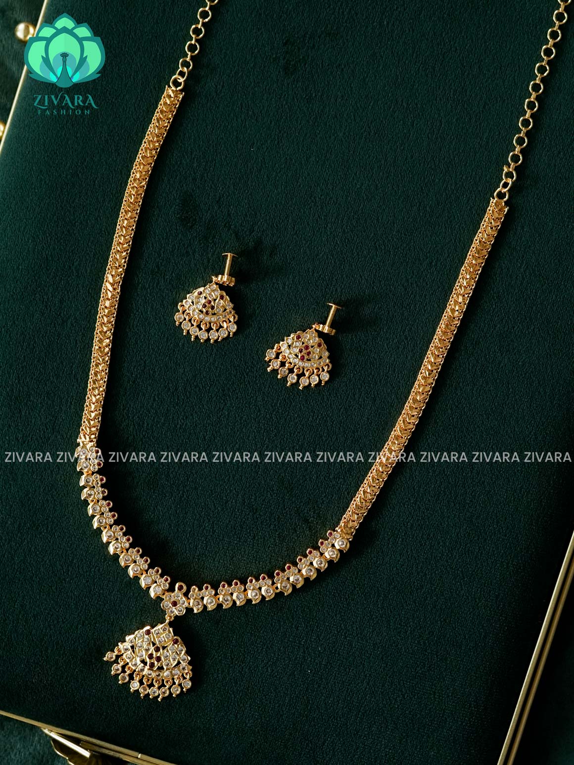 AMBIGAI -  RUBY WHITE STONE MANGA  MICROGOLD POLISH LONG HAARAM   -Traditional south indian premium HAARAM- Zivara Fashion- latest jewellery design