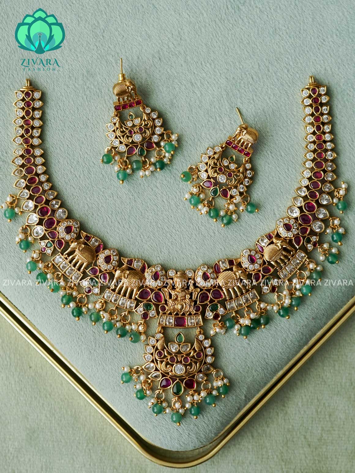 REAL KEMP LAKSHMI WITH ELEPHANT NECKWEAR WITH HANGINGS - Traditional south indian premium neckwear with earrings- Zivara Fashion- latest jewellery design